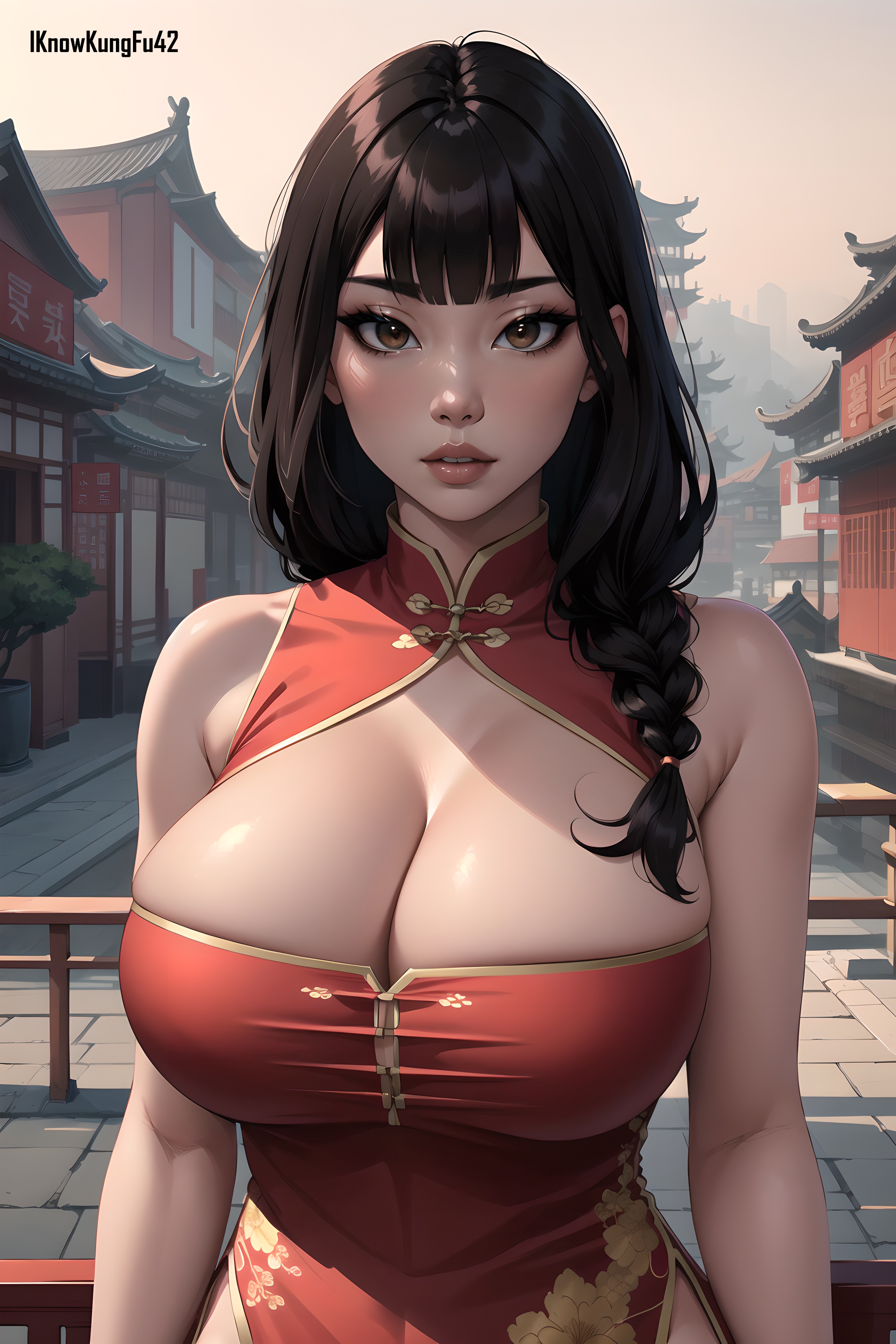 1girls, ai generated, artist name, asian, asian female, bare shoulders, big breasts, big lips, black hair, braid, braided hair, breasts, brown eyes, busty, china dress, chinese clothes, cleavage, clothed, clothing, detailed background, dress, eyelashes, female, female human, female only, hi res, high resolution, highres, hourglass figure, human, iknowkungfu42, large breasts, light skin, light-skinned female, lips, long hair, looking at viewer, original, original character, parted lips, red clothing, red dress, single braid, solo, thick lips