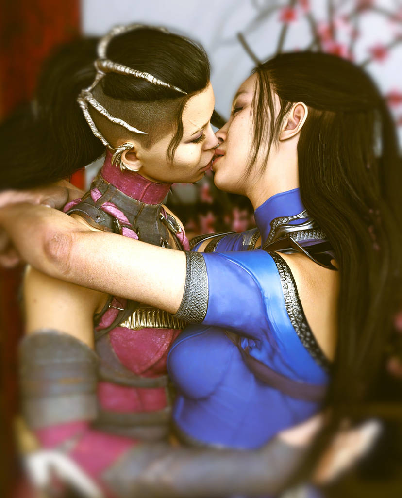 2girls, 3d, arms behind back, closed eyes, dominikadell, edenian, female, female only, fully clothed, hug, incest, kissing, kitana, kiteena, mileena, mortal kombat, mortal kombat 1 (2023), sisters, yuri
