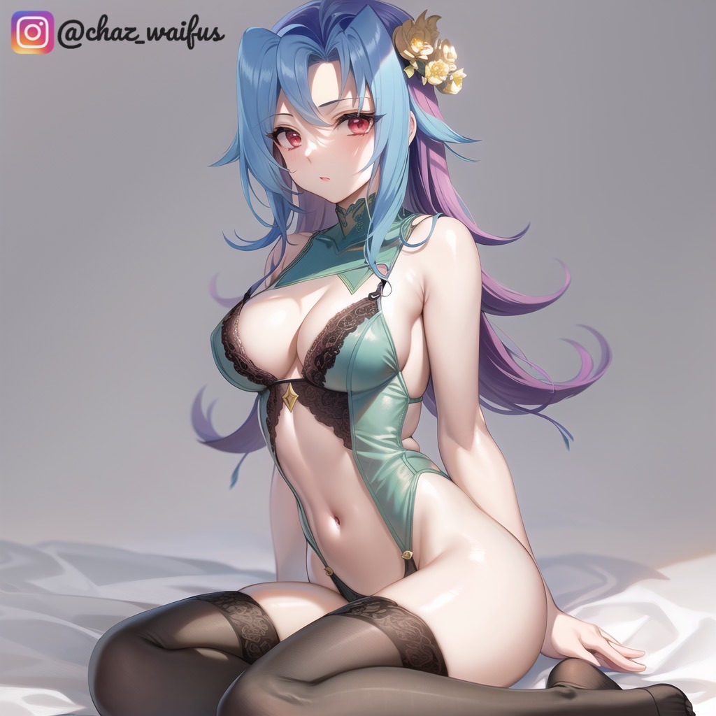 ai generated, babydoll, blue hair, breasts, chaz waifus, chazwaifus2, female, female only, flower, hi res, kamishiro rio, legwear, looking at viewer, multicolored hair, navel, purple hair, red eyes, rio kamishiro, small breasts, solo, yu-gi-oh!, yu-gi-oh! zexal
