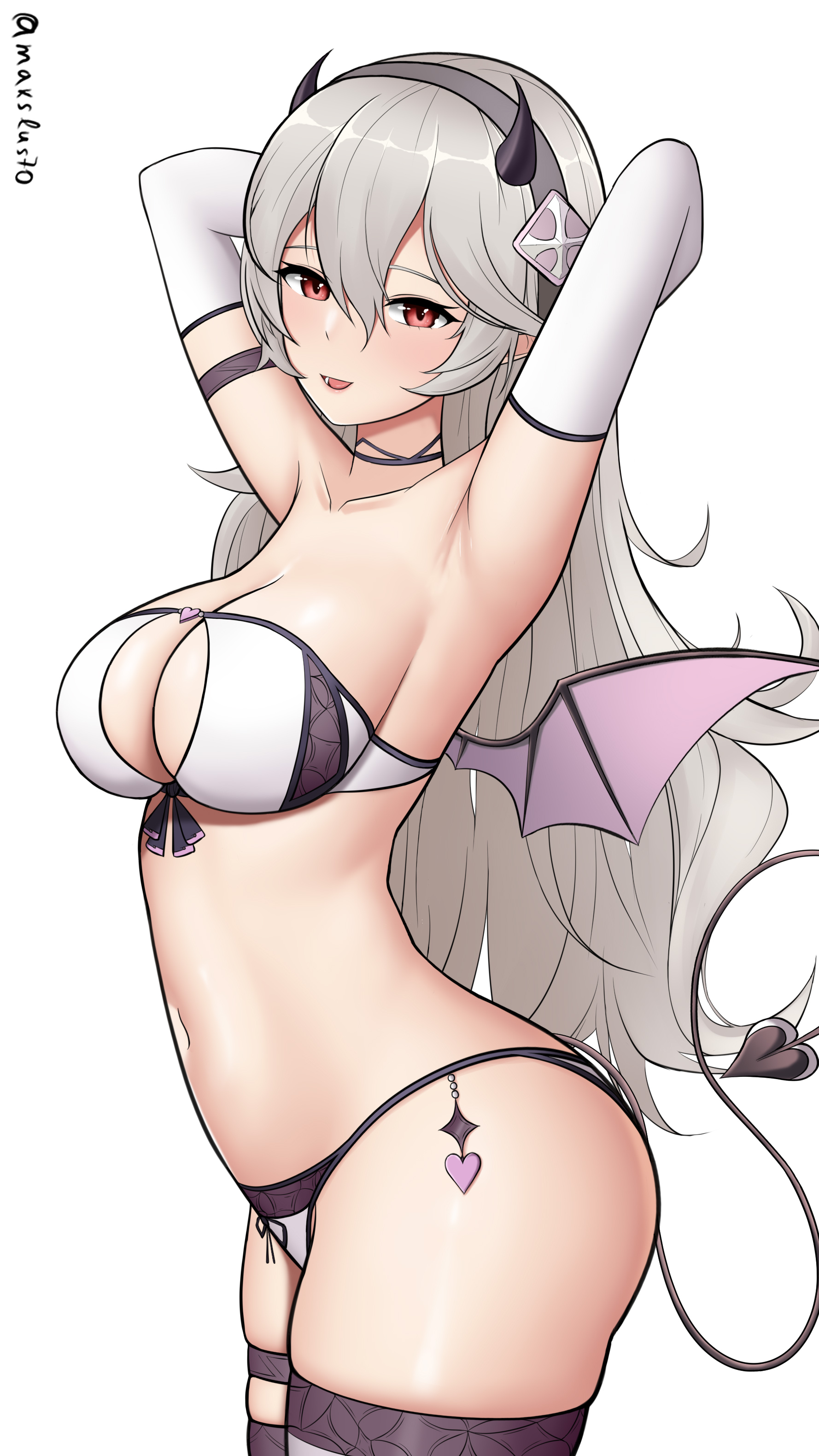 1girls, bra, breasts, cleavage, corrin (fire emblem), corrin (fire emblem) (female), demon, female, female only, fire emblem, fire emblem fates, grey hair, large breasts, looking at viewer, makslus, nintendo, panties, red eyes, solo, succubus, succubus horns, succubus tail, succubus wings, underwear, white background, white panties, wings