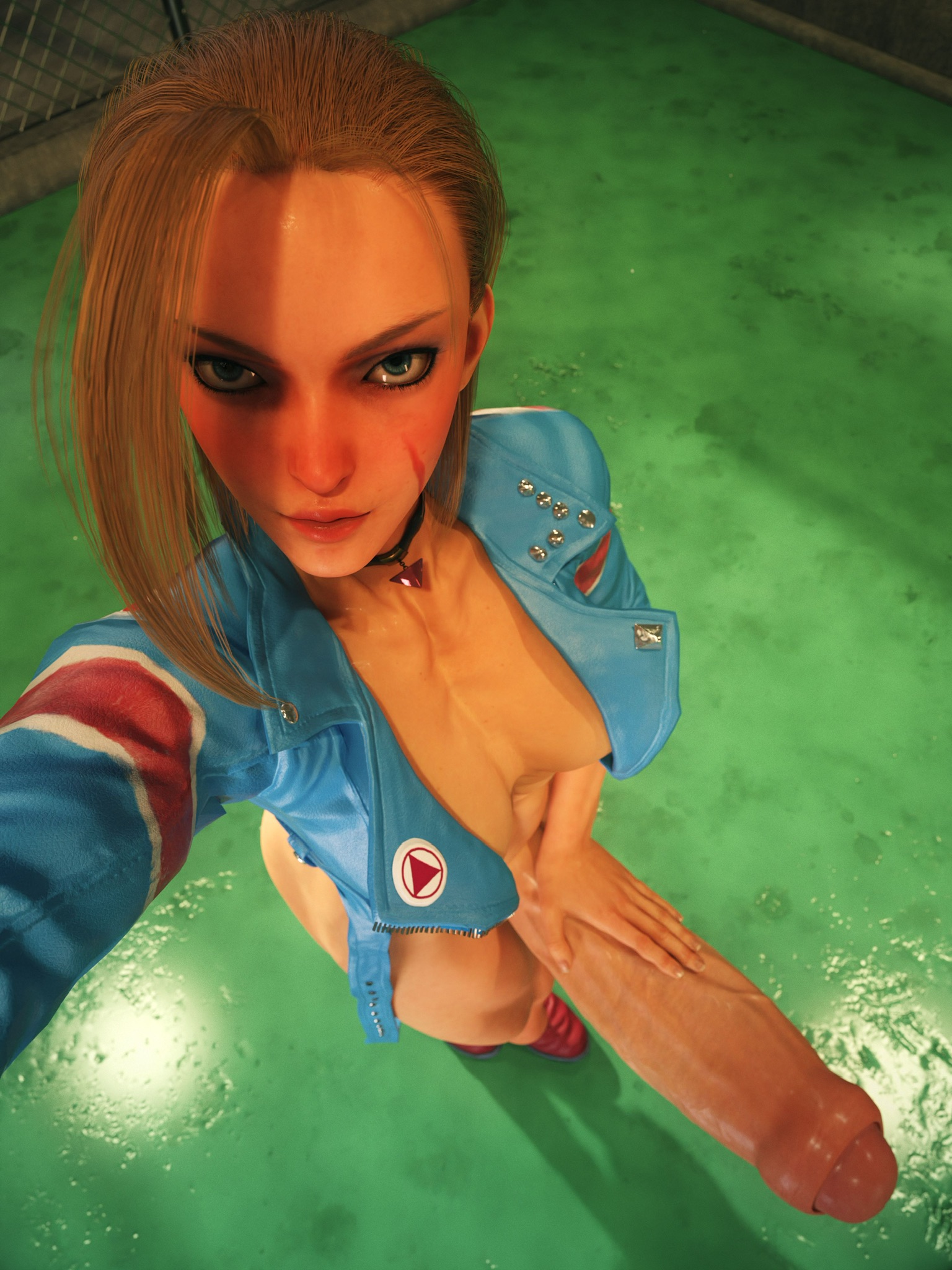 1futa, 3d, blonde hair, blue eyes, boots, bottomless, breasts, cammy white, choker, erection, foreskin, futa only, futanari, hand on penis, high-angle view, huge cock, intersex, jacket, jacket only, jacket open, looking at viewer, medium breasts, medium hair, muscular, muscular futa, partially retracted foreskin, penis, salamandraninja, scar, seductive look, selfie, street fighter, street fighter 6, tagme, thick foreskin, uncircumcised, veiny penis
