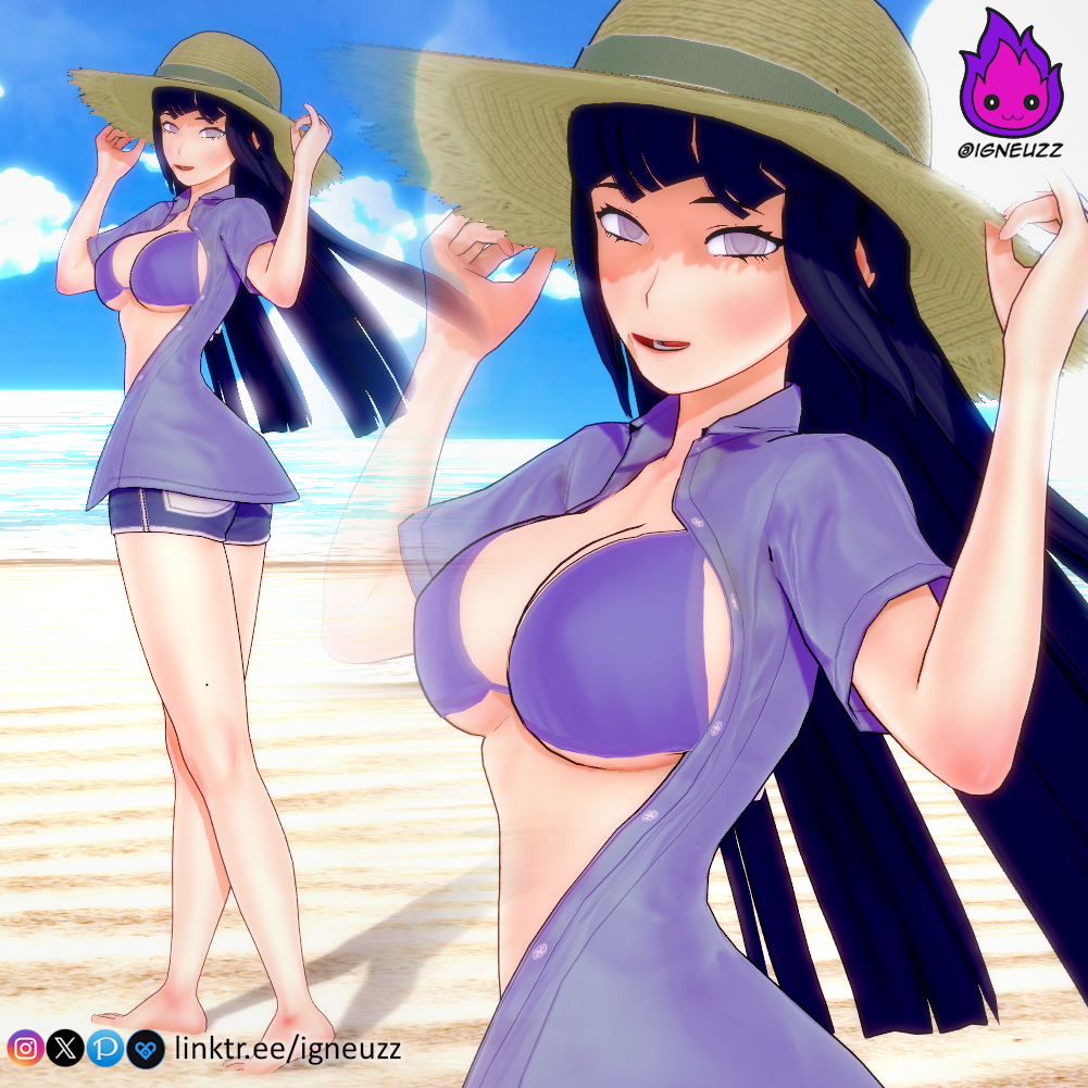3d beach bikini bikini_bottom bikini_top blind_eye byakugan hyuuga_hinata igneuzz looking_at_viewer naruto naruto:_the_last naruto_(series) naruto_shippuden shounen_jump straw_hat tagme