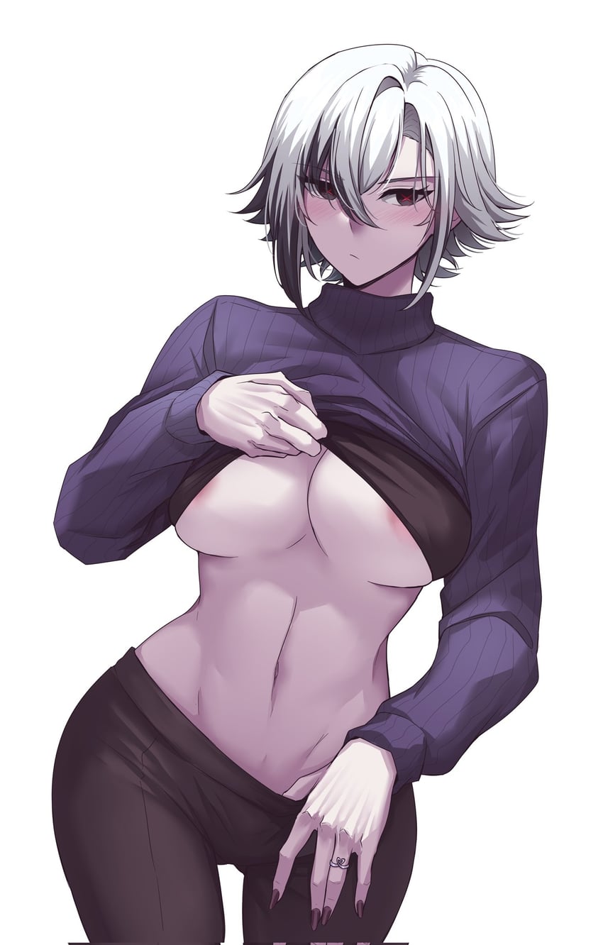 1girls, arlecchino (genshin impact), big breasts, breasts, female, genshin impact, large breasts, midriff, shirt, solo, white hair, x-shaped pupils