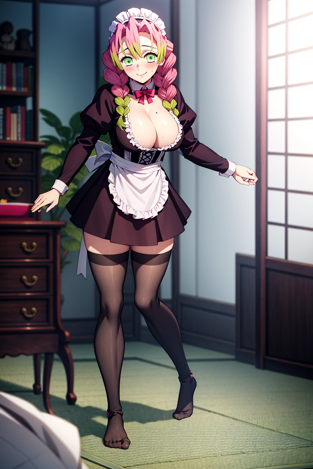 1girls, ai generated, apron, artist request, big breasts, blush, braid, braided hair, breasts, cleavage, demon slayer, female, female focus, female only, green eyes, green hair, kanroji mitsuri, kimetsu no yaiba, large breasts, maid, mole under eye, multicolored hair, pink hair, solo, solo female, thick thighs, thighhighs, thighs, thin waist, two-tone hair, uniform, voluptuous, voluptuous female, wide hips