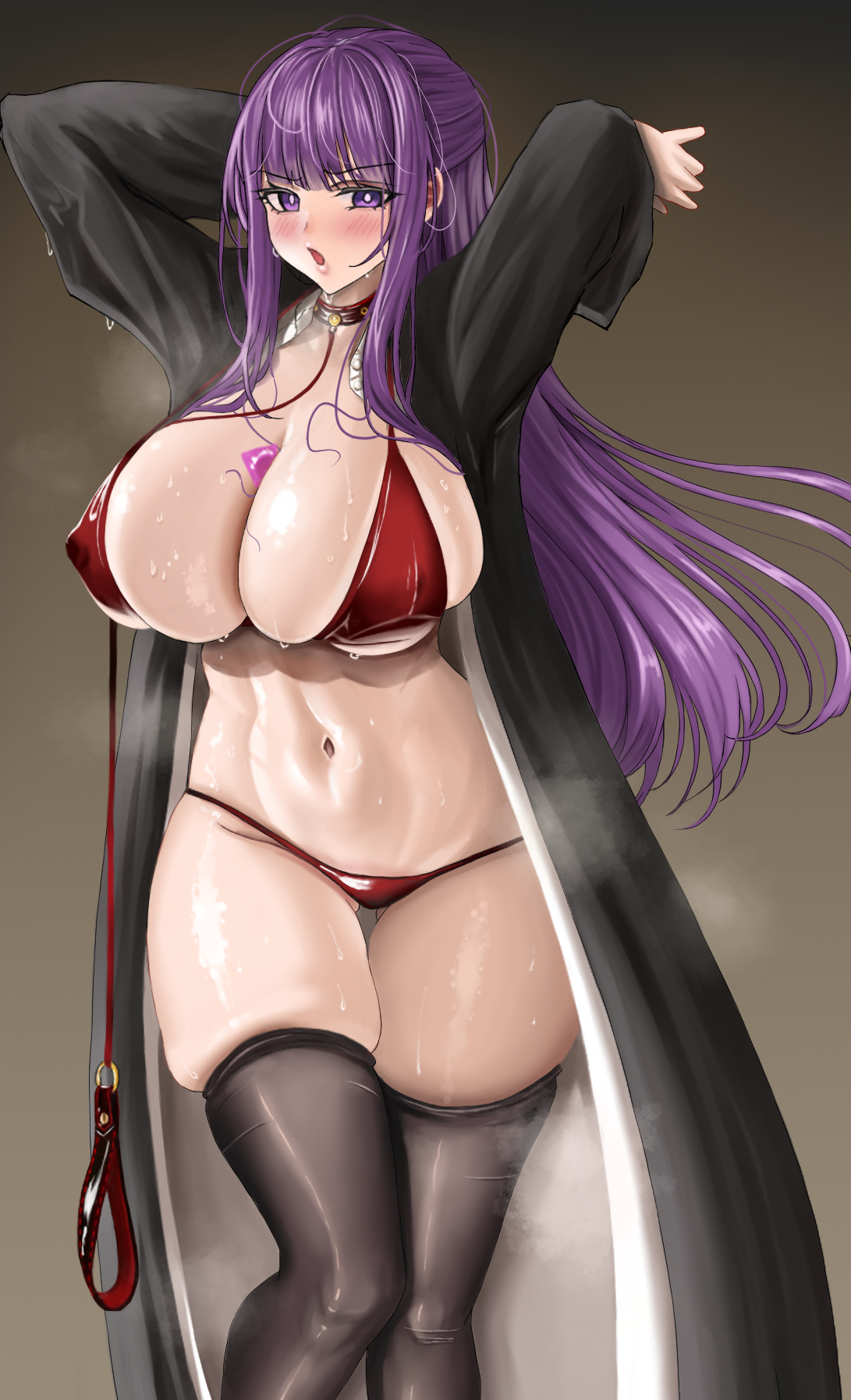 1girls, armpits, artist request, bikini, breasts, female, fern (sousou no frieren), hi res, huge breasts, light skin, light-skinned female, long hair, purple eyes, purple hair, red bikini, sousou no frieren, thick thighs, thighs