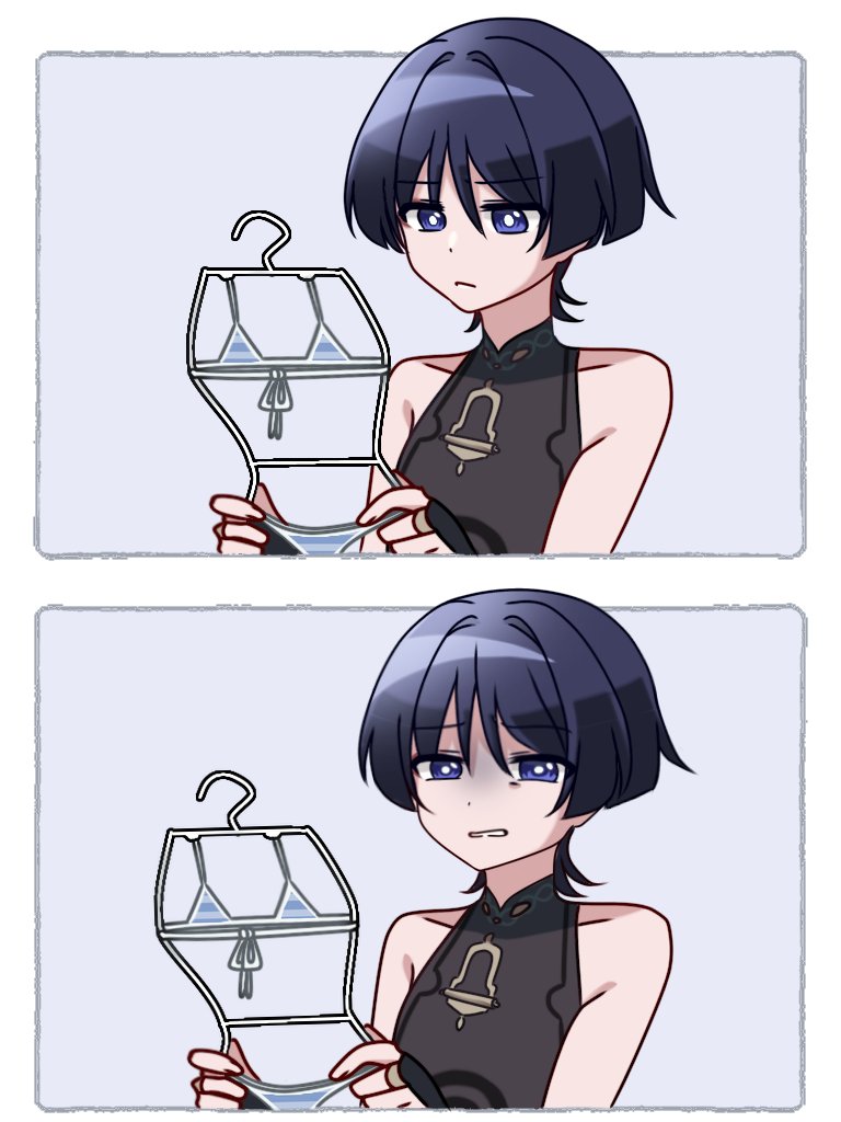 1boy, bare shoulders, bikini, blue eyes, blue hair, crossdressing, disgusted, disgusted look, femboy, genshin impact, girly, looking at viewer, male, male only, micro bikini, scaramouche (genshin impact), solo, swimwear, trap