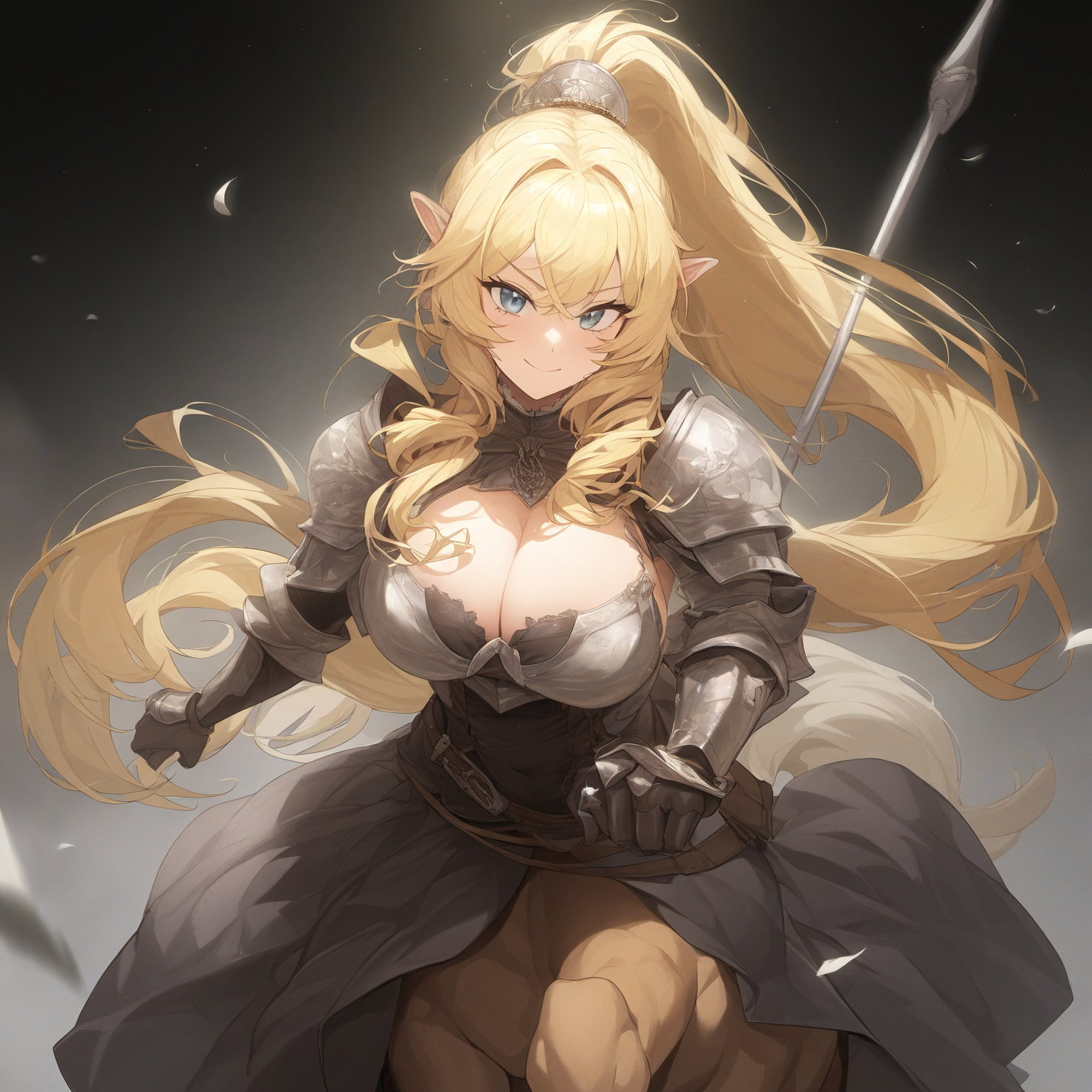 1girls, ai generated, aigbrea, armor, blonde hair, blue eyes, breasts, centaur, centorea shianus, cleavage, female, high ponytail, large breasts, long hair, monster girl, monster musume no iru nichijou, simple background, taur