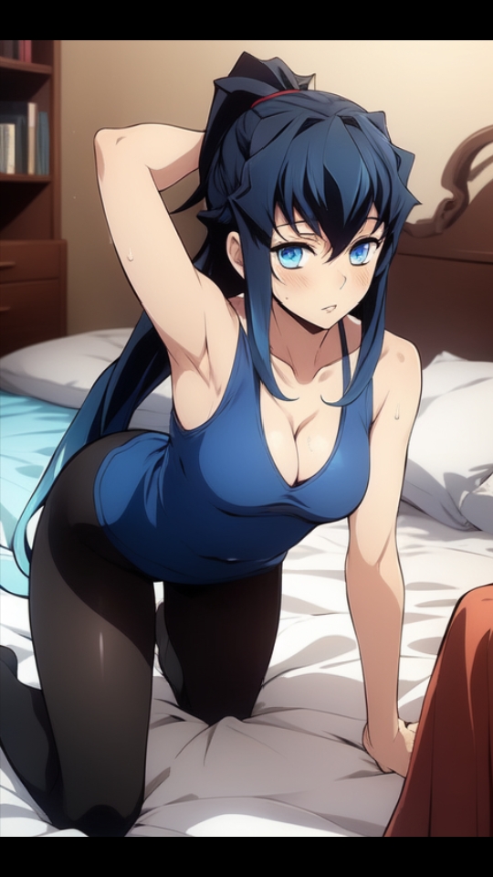 ai_generated armpits bed black_hair blue_eyes breasts cleavage demon_slayer hourglass_figure kimetsu_no_yaiba looking_at_viewer muichiro_tokitou ponytail room