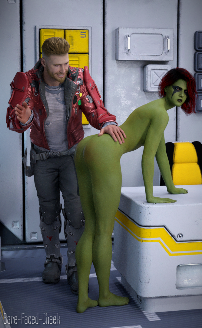 1boy 1girls 3d bare-faced-cheek clothed_male_nude_female doggy_style female gamora green-skinned_female green_skin guardians_of_the_galaxy guardians_of_the_galaxy_(game) human humanoid interspecies light-skinned_male light_skin male marvel peter_quill spanking starlord straight