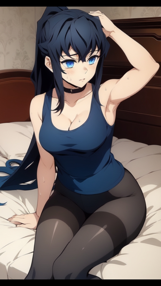 ai_generated armpits bed black_hair blue_eyes breasts cleavage demon_slayer hourglass_figure kimetsu_no_yaiba looking_at_viewer muichiro_tokitou ponytail room