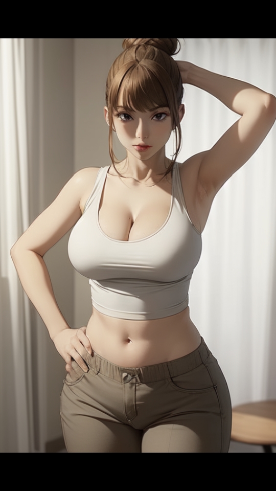 ai_generated armpits arms_up beach belly_button big_breasts bikini brown_eyes brown_hair cleavage hourglass_figure jujutsu_kaisen looking_at_viewer nanako_hasaba room