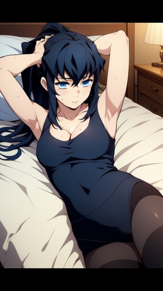 ai_generated armpits bed black_hair blue_eyes breasts cleavage demon_slayer hourglass_figure kimetsu_no_yaiba looking_at_viewer muichiro_tokitou ponytail room