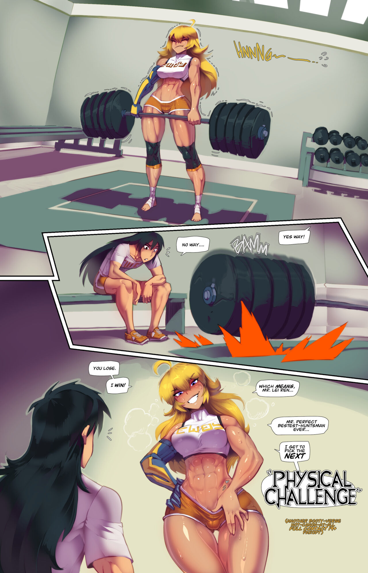 1boy 1girl 1girls abs before_sex clothing color comic comic_panel english_text female fred_perry human lie_ren long_hair male muscles muscular muscular_female onomatopoeia page_1 pale_skin rwby sportswear strong_woman tagme text weightlifting yang_xiao_long