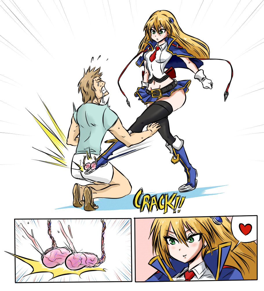 1boy ball_busting ballbusting belt black_thighhighs blazblue blonde_hair bondage boots breasts cape cbt cock_and_ball_torture crotch_kick female femdom hair_ornament heart legs long_hair midriff miniskirt navel noel_vermillion ocigart skirt small_breasts speech_bubble testicles thighhighs thighs