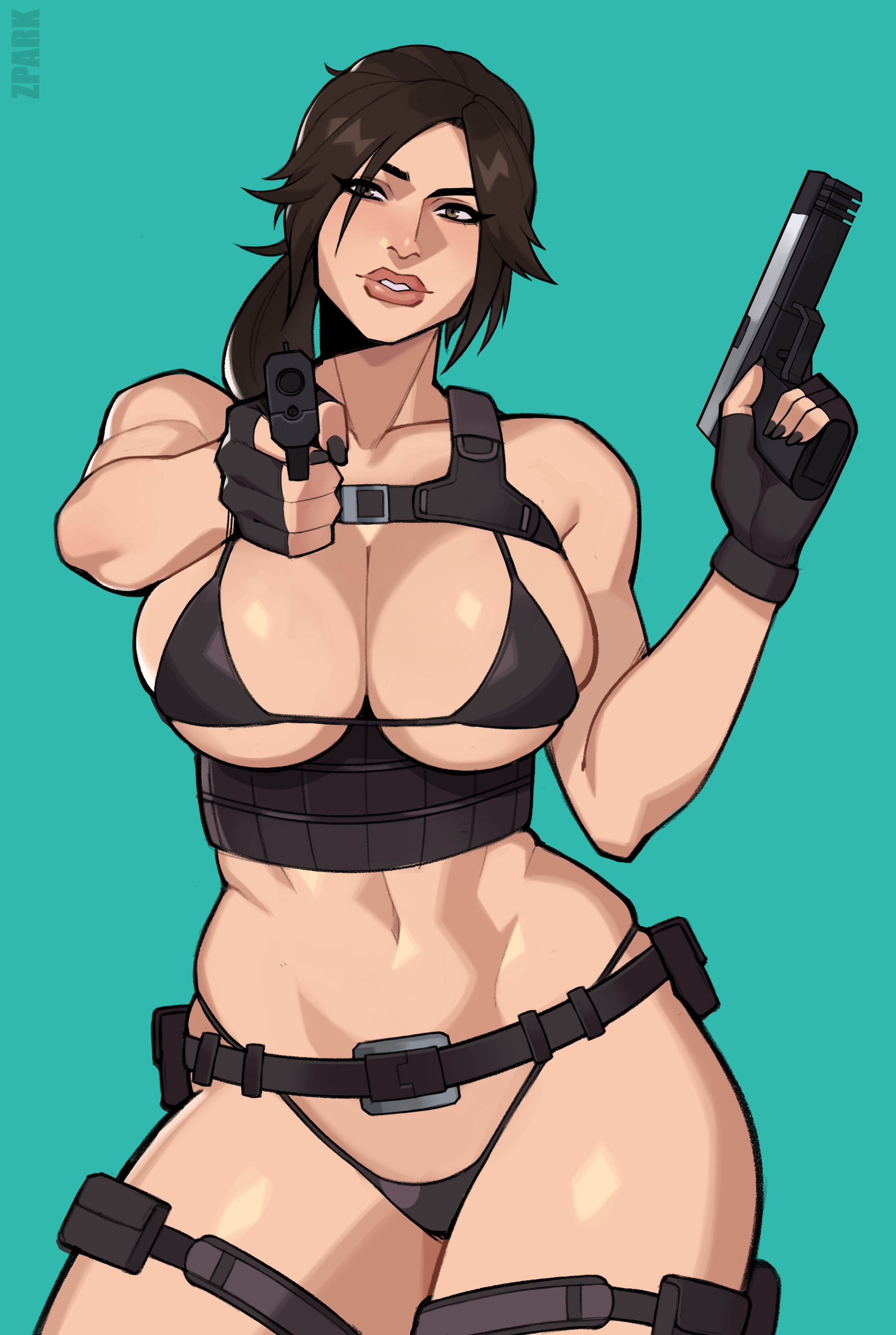 1girls, 2023, about to burst, barely contained breasts, barely fits, big breasts, bikini, black hair, blue background, breasts, brown eyes, female, female only, fingerless gloves, handgun, imminent wardrobe malfunction, lara croft, lara croft (l.a.u.), long hair, looking at viewer, ponytail, simple background, solo, thick thighs, tight fit, tomb raider, tomb raider (l.a.u.), undersized clothes, undersized clothing, very high resolution, zpark