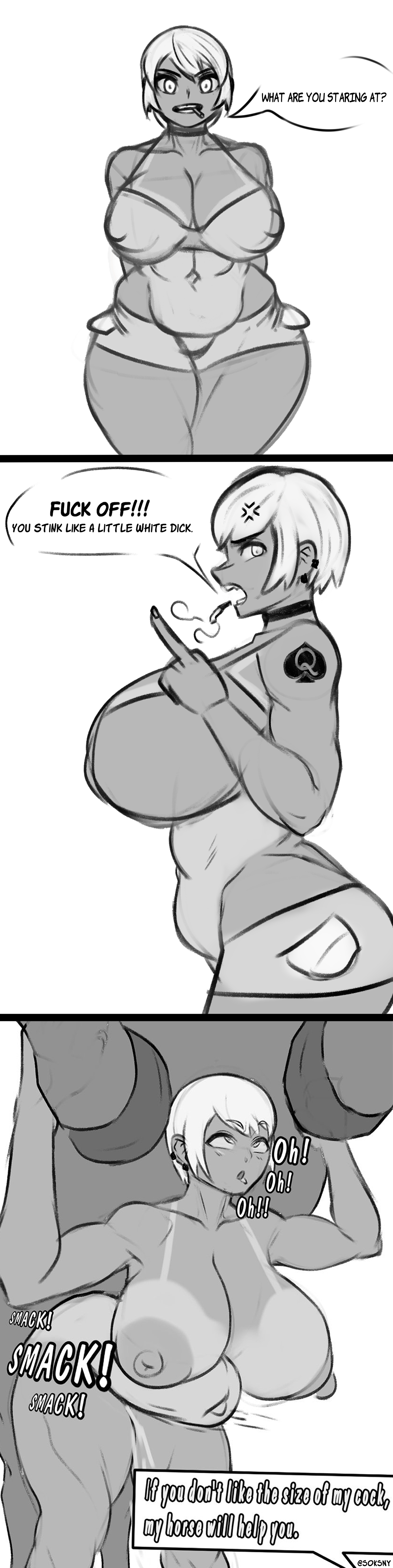 1girls, ass, breasts, comic, female, horse, huge breasts, male, penis, queen of spades, sex, sketch, small penis humiliation, soks (artist), tan body, tan skin, tanned skin, tattoo, tattooed arm, text, venus body, zoophilia