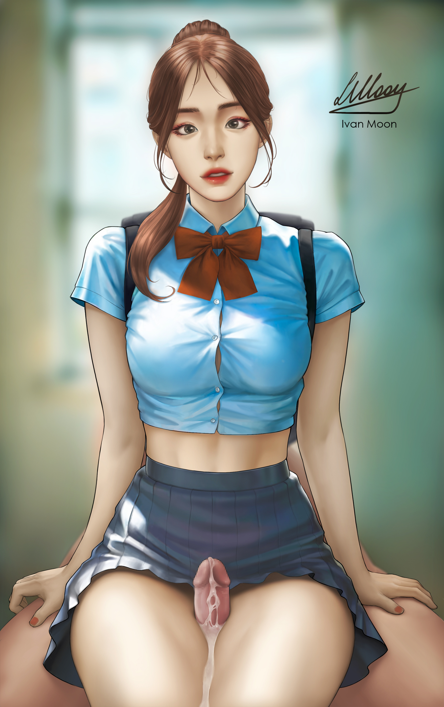 1boy, between legs, clothed female nude male, cum, cum on leg, cum on legs, ejaculation, female, fetish, grinding, ivan moon, male, no penetration, original character, penis, school uniform, schoolgirl, straight, thigh sex, thighs, uncensored, uniform