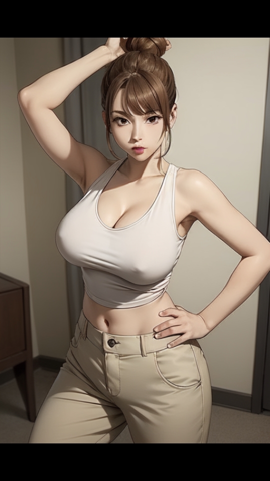 ai_generated armpits arms_up belly_button big_breasts brown_eyes brown_hair cleavage hourglass_figure jujutsu_kaisen looking_at_viewer nanako_hasaba nipples pants room white_tank_top yellow_pants