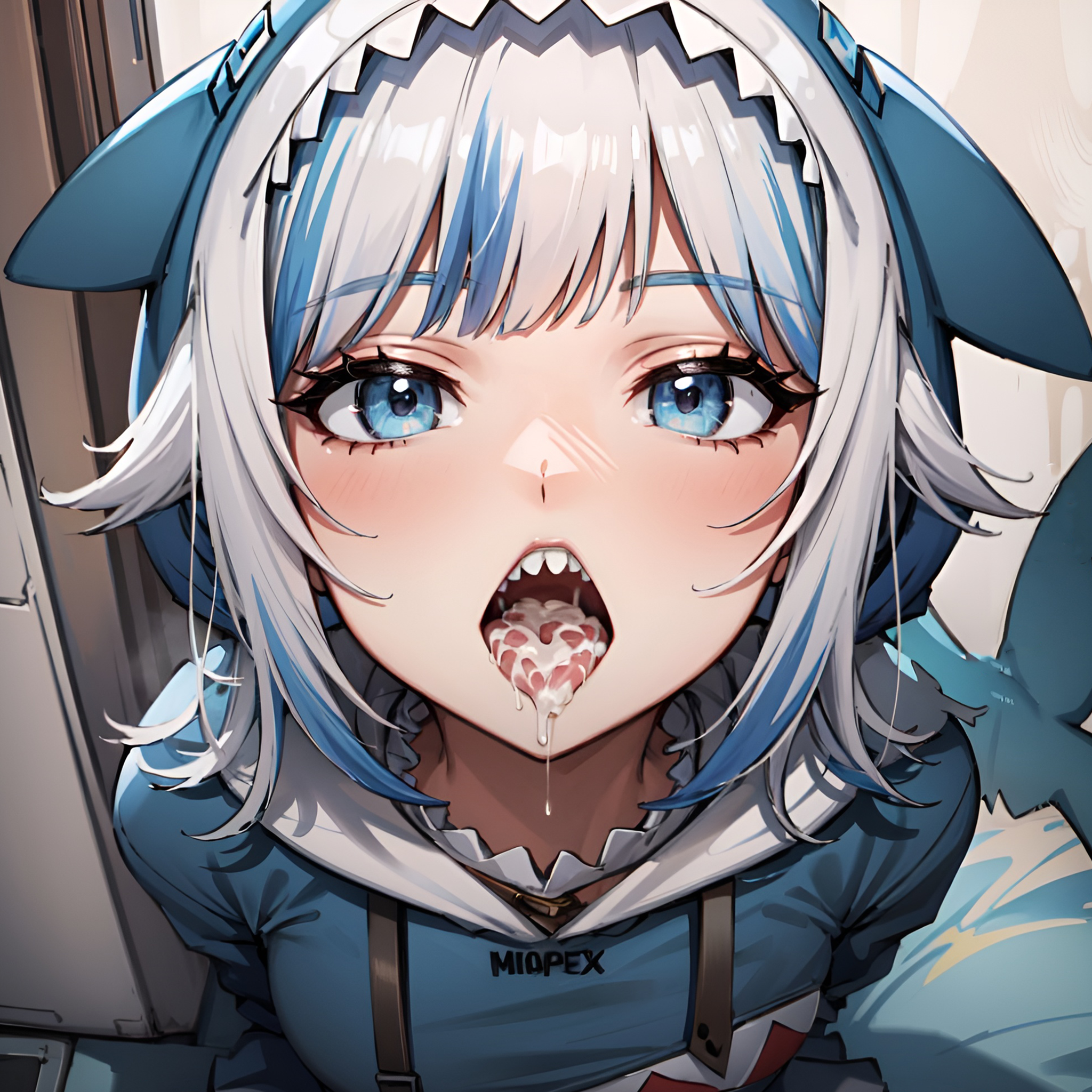 1girls, after fellatio, ai generated, arbitrary, blue eyes, cum, cum drip, cum in mouth, female, gawr gura, hi res, hololive, hololive english, hololive myth, hoodie, kneeling, open mouth, oral creampie, shark tail, sharp teeth, stable diffusion, tongue, tongue out, two-tone hair, virtual youtuber