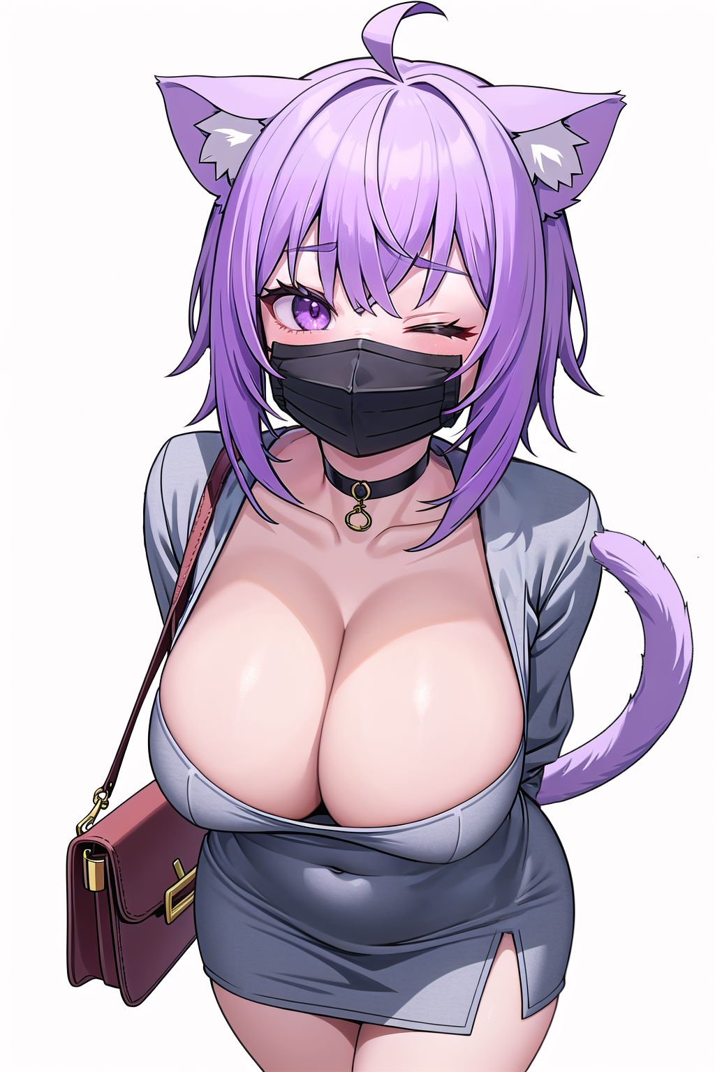 1girls ai_generated ass breasts cat_ears cat_tail catgirl dat_ass dress female hololive large_ass large_breasts light-skinned_female light_skin mask mogumachine nekomata_okayu purple_eyes purple_hair short_hair simple_background stable_diffusion tail thick_thighs tight_clothing virtual_youtuber