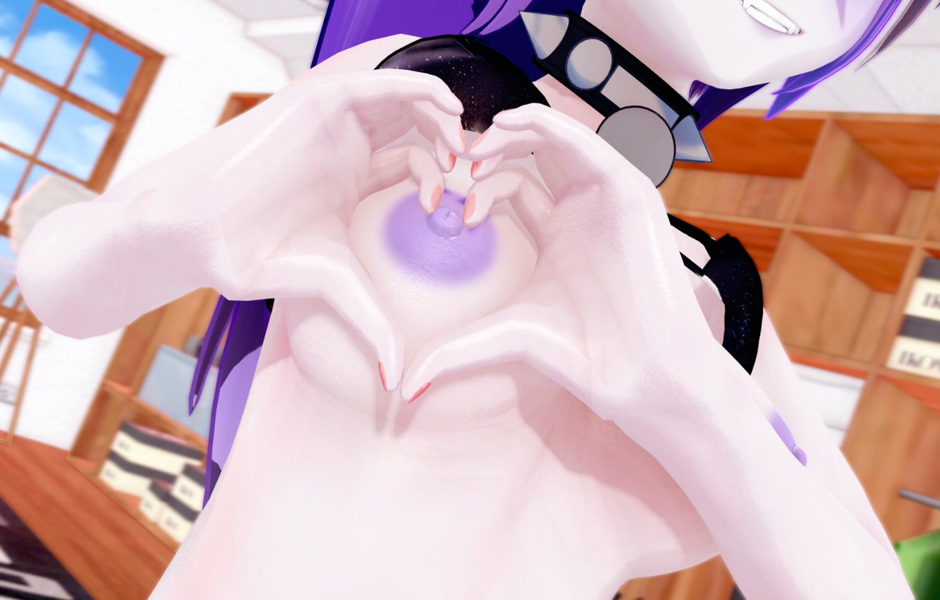 1girls bell_collar bikini_aside blue_sky bra_lift bra_up breast_squeeze breast_squish breasts cat_ears cat_humanoid catgirl erect_nipples female half-dressed hand_heart horny_female indie_virtual_youtuber inside kanaemomo_ koikatsu lipstick outside pov purple_hair purple_lipstick purple_nipples showing_teeth sky smile smiling solo tagme totless_(vtuber) tsuki_kimura virtual_youtuber vrchat vrchat_avatar vtuber white_skin window