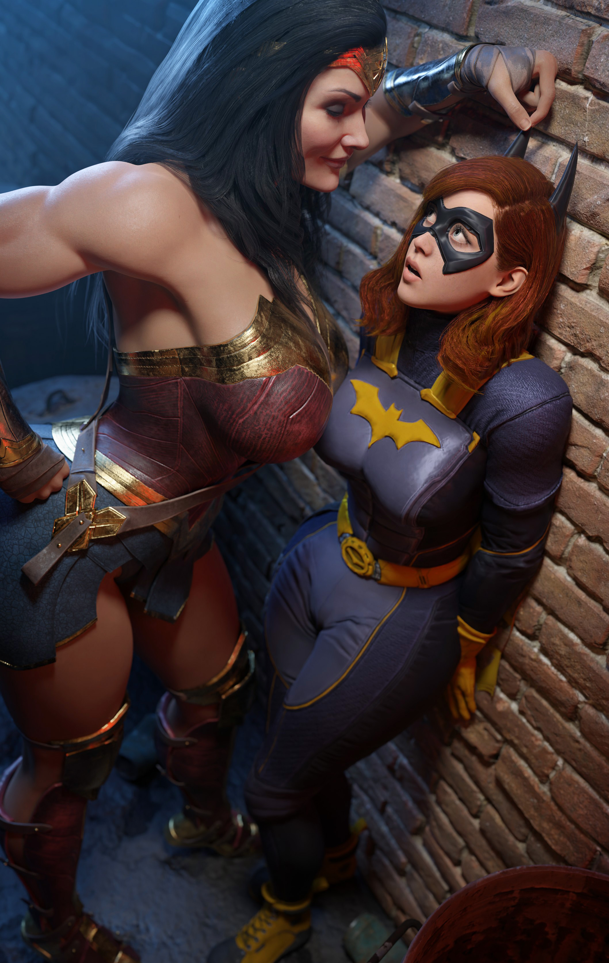 2023, 2girls, 3d, amazon, athletic, athletic female, barbara gordon, batesz, batgirl, batgirl (gotham knights), batman (series), big breasts, breasts, curvy figure, dc, dc comics, diana prince, female, female only, femdom, femsub, fit, fit female, fully clothed, gotham knights, height difference, highres, huge breasts, imminent yuri, injustice 2, kabedon, large breasts, lezdom, lezsub, light skin, light-skinned female, muscular, muscular female, princess, red hair, seductive, seductive eyes, seductive gaze, seductive look, seductive smile, short hair, superheroine, taller female, tease, teasing, thick thighs, wonder woman, wonder woman (injustice), wonder woman (series), yuri, yuri seduction