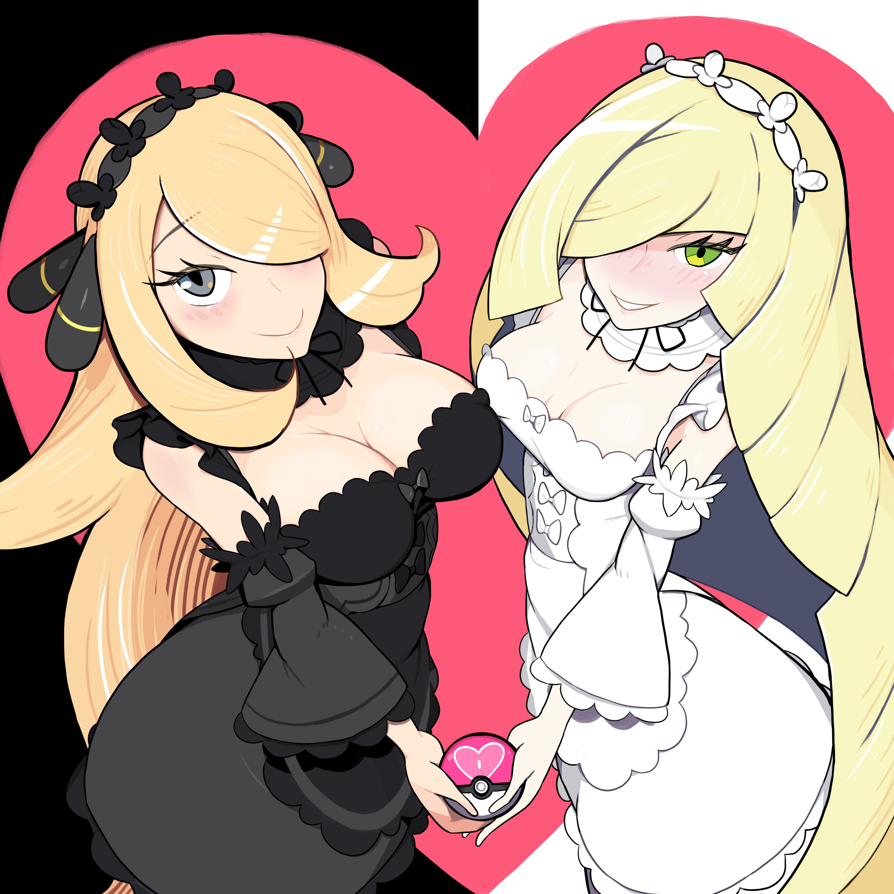 2girls, alternate costume, alternate version available, big breasts, black dress, black eyes, blonde hair, blush, breasts, cynthia (pokemon), dress, female, female only, game freak, green eyes, hair, hair over one eye, headwear, huge breasts, long hair, looking at viewer, love ball, lusamine (pokemon), maid uniform, mature, mature female, milf, mother, pokeball, pokemon, pokemon dppt, pokemon sm, smile, white dress, yakumo ryoujin
