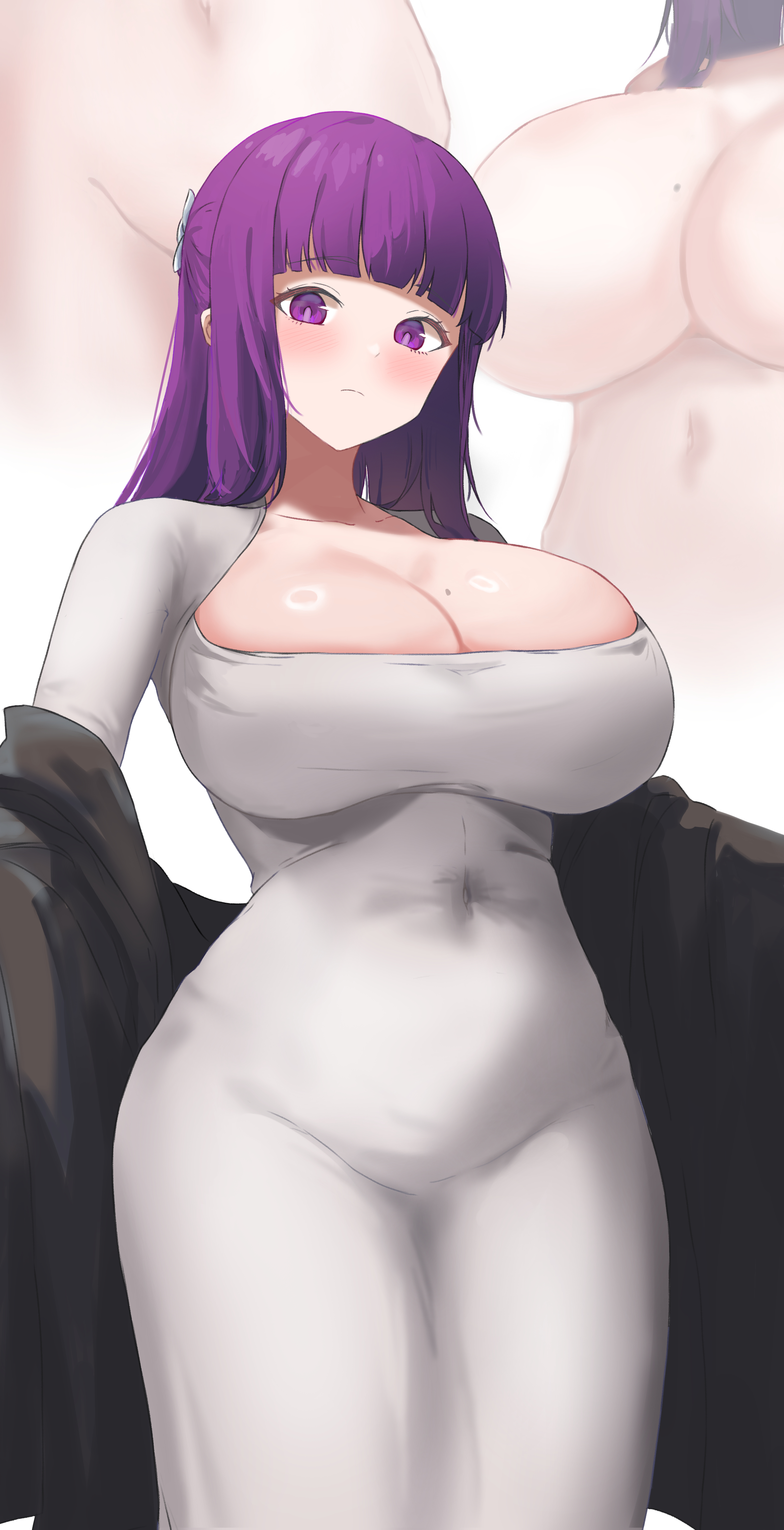 1girls, big breasts, blush, breasts, buta dong, cleavage, clothing, coat, dress, female, female only, fern (sousou no frieren), hair, hips, huge breasts, large breasts, long hair, mole, mole on breast, open coat, purple eyes, purple hair, solo, solo female, sousou no frieren, thighs, white dressd, wide hips