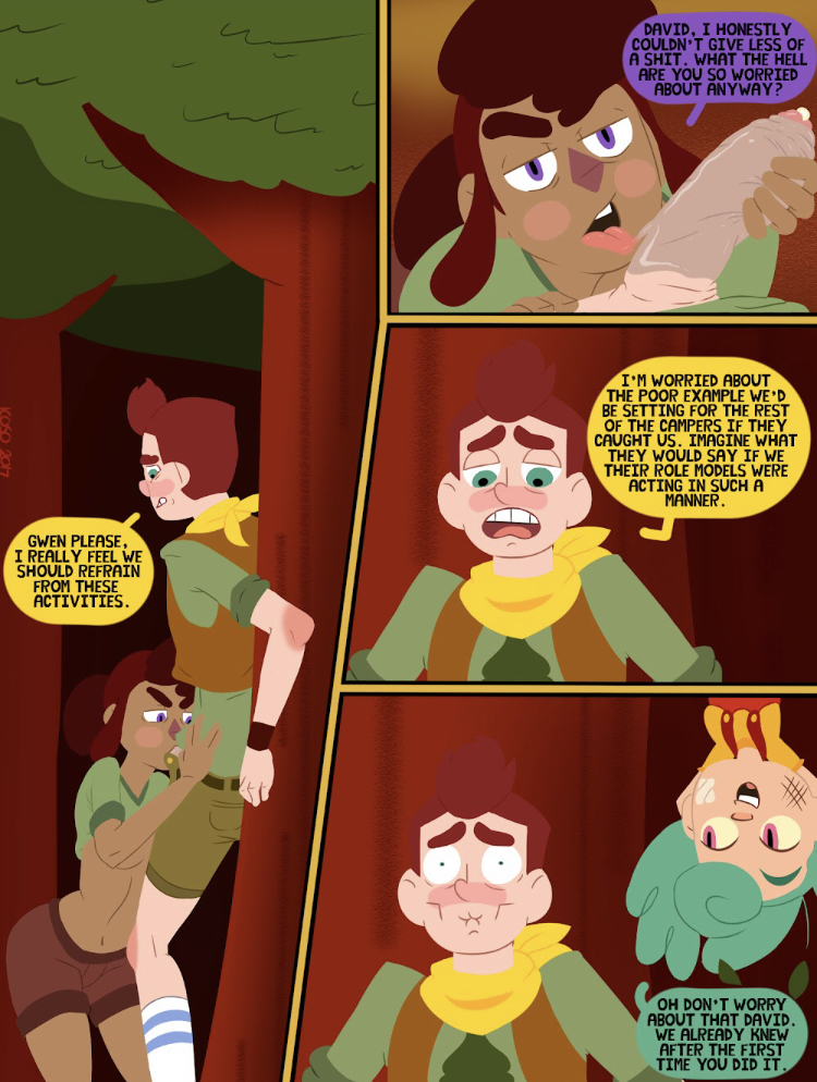 1boy after_fellatio blowjob blushing camp_camp caught_in_the_act clothed comic david_(camp_camp) fellatio gwen_(camp_camp) nikki_(camp_camp) precum red_hair saliva_on_penis shocked tan_body uniform unsure woods