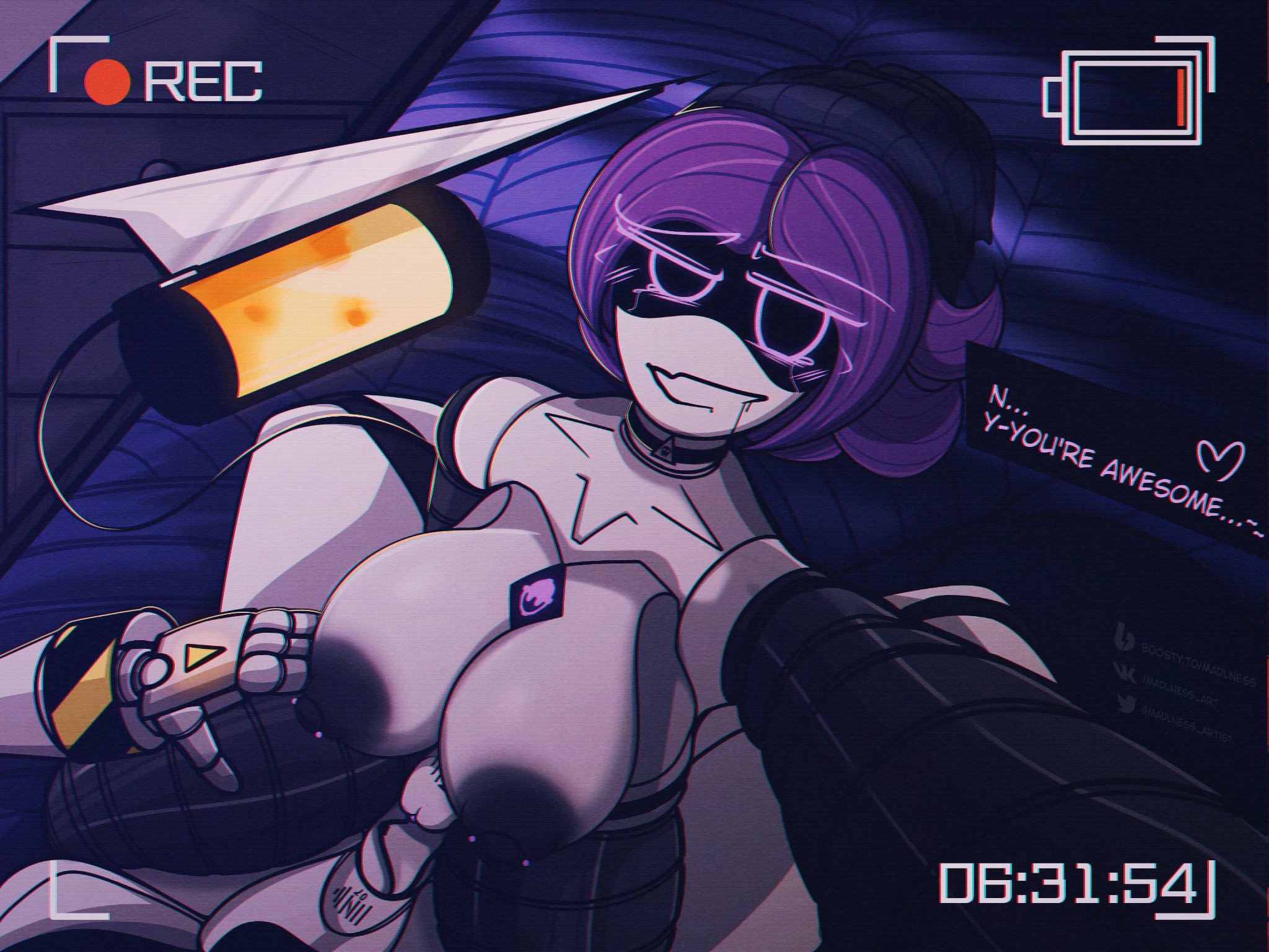 1boy, 1girls, 2d, areola, bed, big areola, big breasts, big nipples, breasts, camera, camera view, dialogue, dialogue box, disassembly drone, drone, female, glitch productions, holding camera, huge breasts, humanoid, humanoid female, humanoid male, looking at partner, madlness, male, male/female, murder drones, n (murder drones), nipples, penetration, penis, penis in pussy, pierced nipples, pleasure, pleasure face, pleasured, purple eyes, purple hair, pussy, robot, robot boy, robot girl, robot humanoid, screen face, sex, tail, text, uzi (murder drones), visor, white body, worker drone