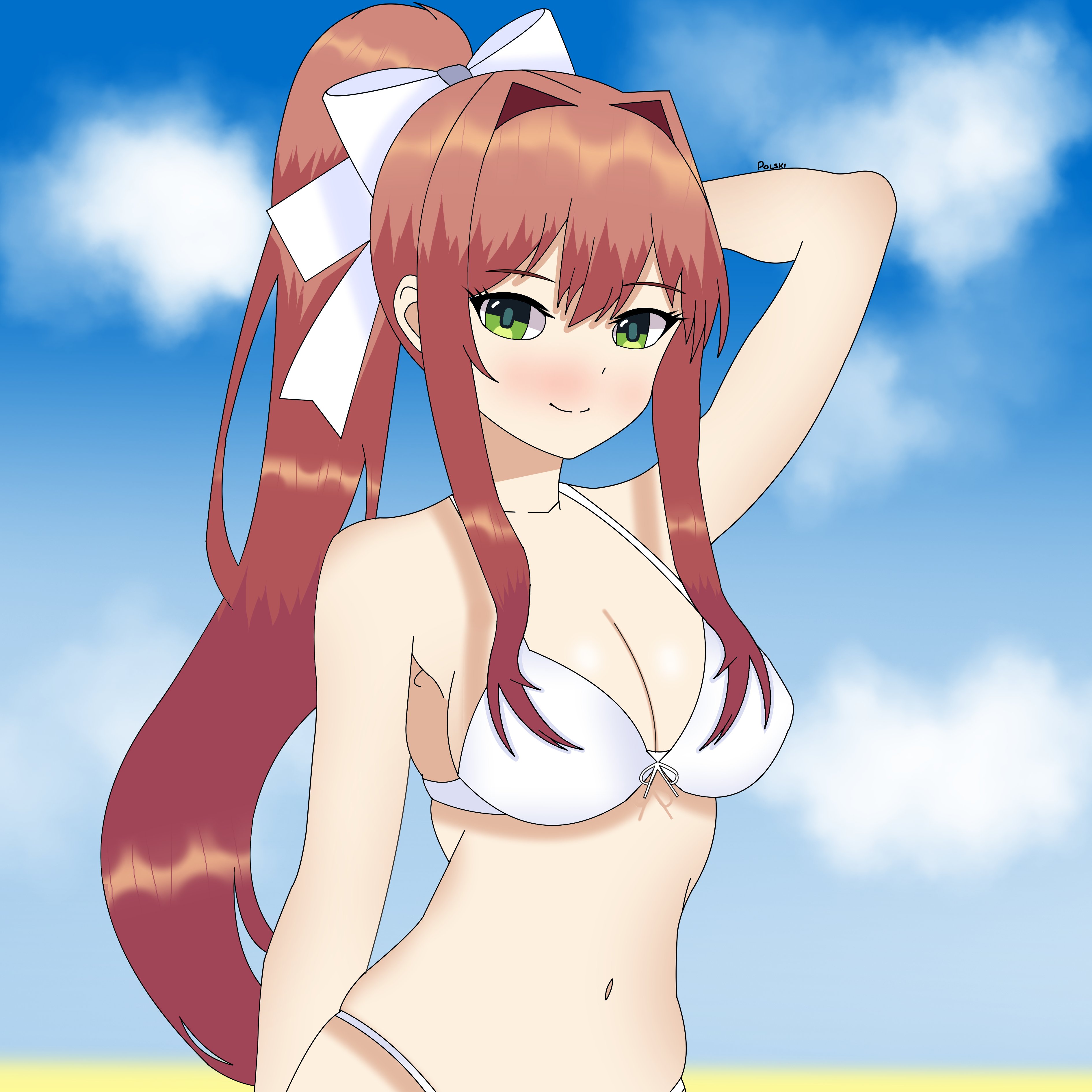breasts, doki doki literature club, female, female focus, female only, green eyes, looking at viewer, monika (doki doki literature club), plfannatsuki, solo, solo female, solo focus, white bow