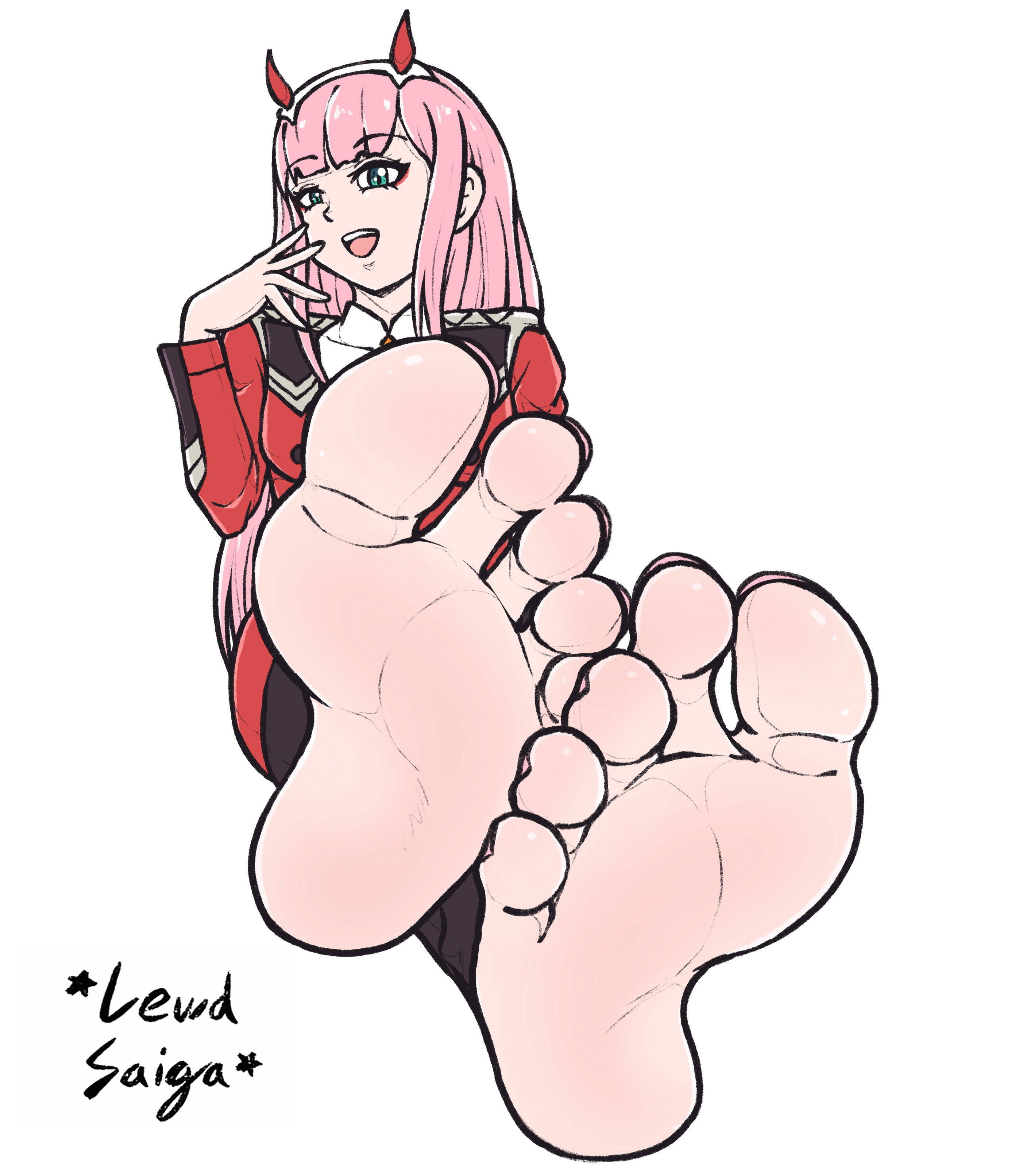 1girls, barefoot, darling in the franxx, feet, female, female only, foot fetish, foot focus, fully clothed, legs, legs crossed, lewdsaiga, looking at viewer, pink hair, pink nails, pink toenails, pov feet, simple background, soles, tagme, toes, white background, zero two (darling in the franxx)