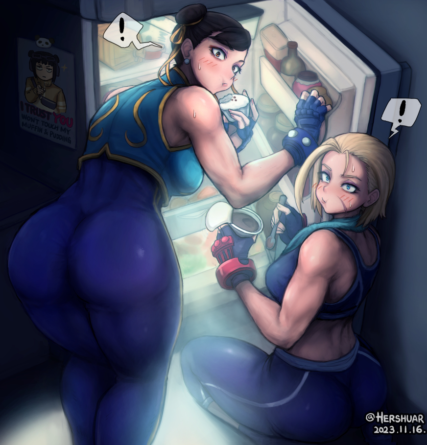 ! 2girls artist_name ass big_ass blonde_hair british british_female cammy_white chinese_girl chun-li commentary crop_top cupcake dated double_bun eating english_commentary female female_only food fridge fully_clothed hair_bun hershuar human hungry li-fen looking_at_viewer looking_back multiple_girls pants poster_(object) pudding refrigerator short_hair sneaking spoken_exclamation_mark street_fighter street_fighter_6 street_fighter_alpha tight_clothes tight_pants yoga_pants