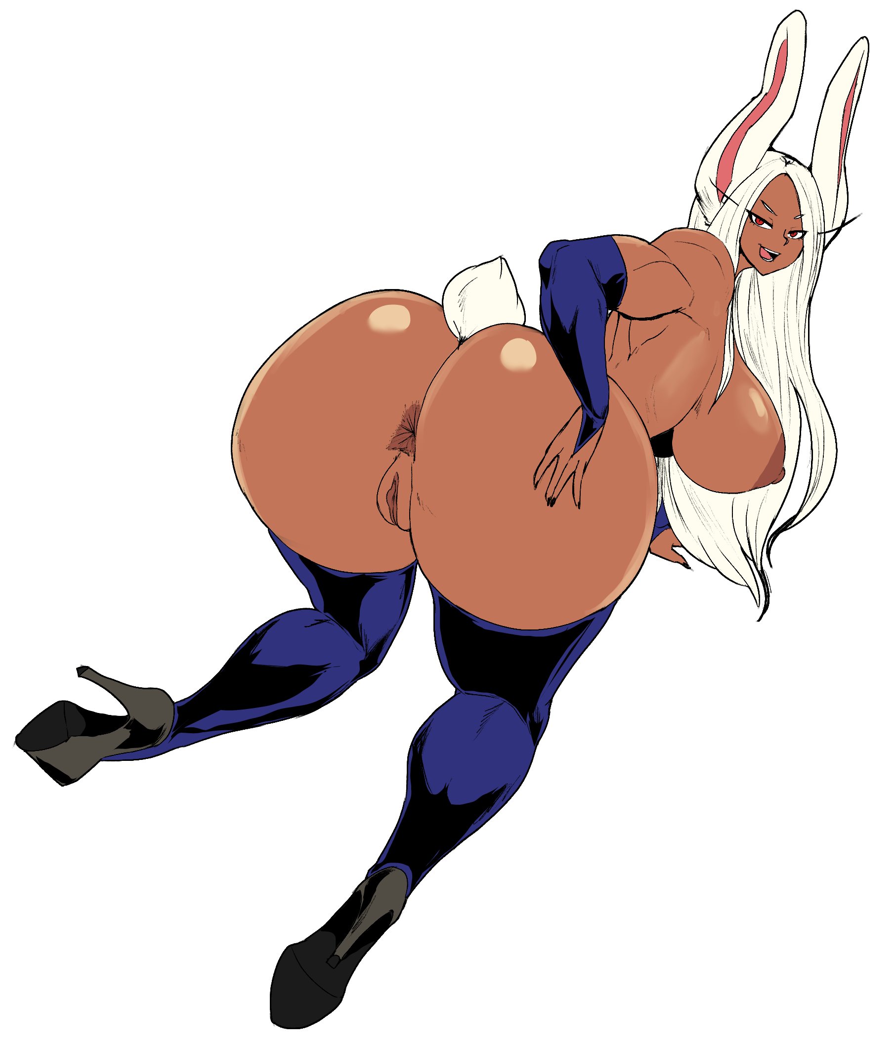 1girls, anus, ass, big ass, big breasts, big butt, boku no hero academia, breasts, bubble ass, bubble butt, bunny ears, bunny girl, bunny tail, completely nude, dark skin, dark-skinned female, face down ass up, female, female only, hand on ass, high heels, looking at viewer, looking back, miruko, muscular, muscular female, my hero academia, nipples, nude, nude female, platform heels, presenting, presenting hindquarters, pussy, red eyes, rumi usagiyama, stockings, thecon, thighs, voluptuous, voluptuous female, white background, white hair, wide hips