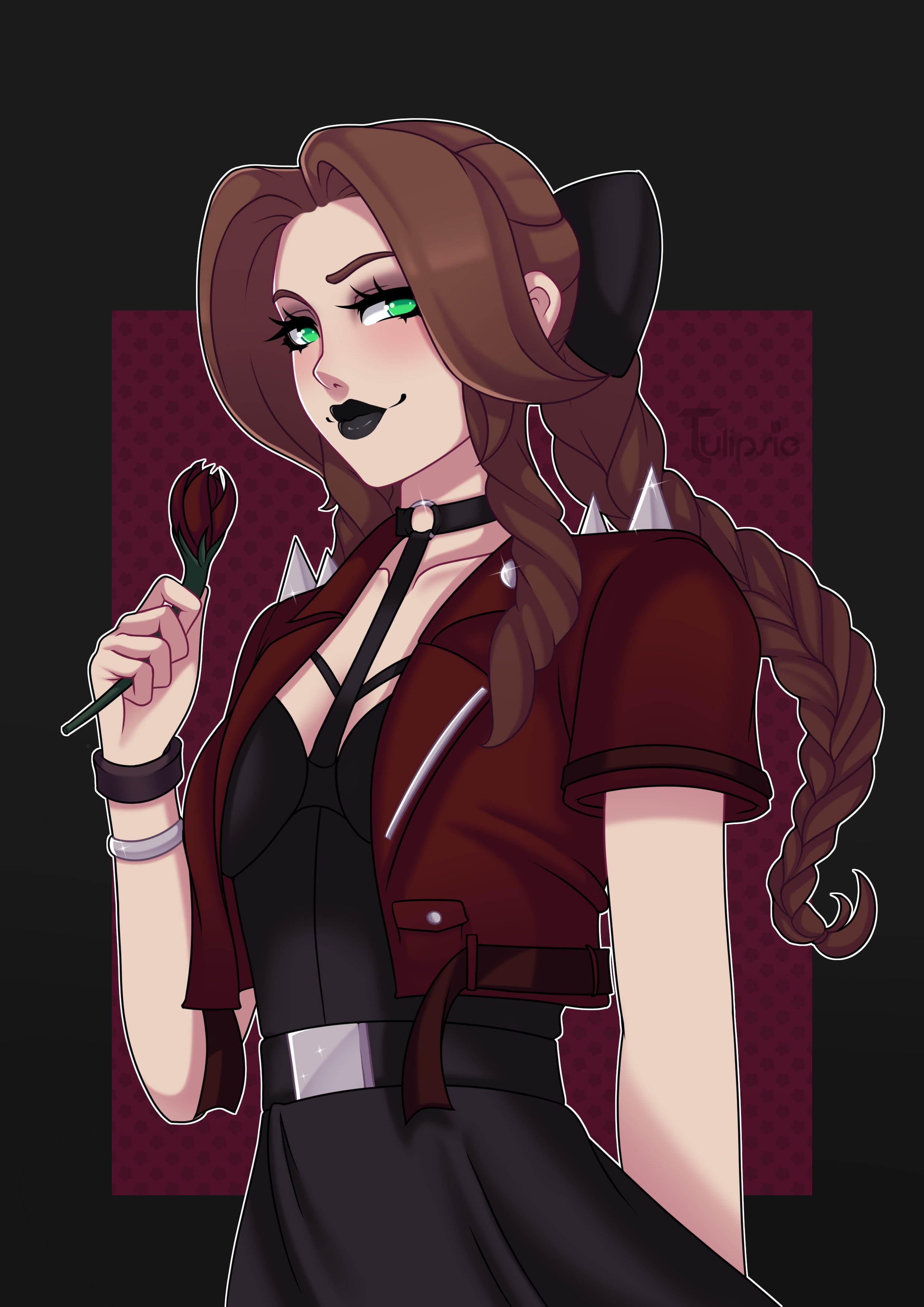 1girls, aerith gainsborough, black dress, black lipstick, braid, braided hair, breasts, brown hair, choker, cropped jacket, dress, female, female only, final fantasy, final fantasy vii, flower, goth, goth aerith, goth girl, gothified, green eyes, hairbow, holding flower, jacket, light blush, lipstick, looking at viewer, medium breasts, red jacket, shoulder spikes, smile, spiked jacket, spikes, tulipsie, twin drills, upper body