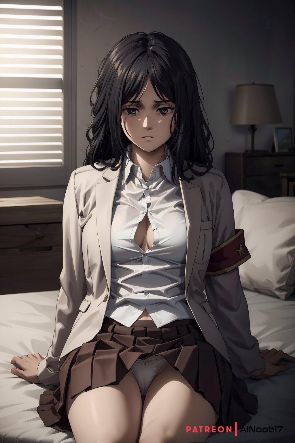 1girls, ai generated, ainoob17, attack on titan, black hair, expressionless, eye bags, female, looking at viewer, pieck finger, shingeki no kyojin, solo, stable diffusion, tagme, white panties