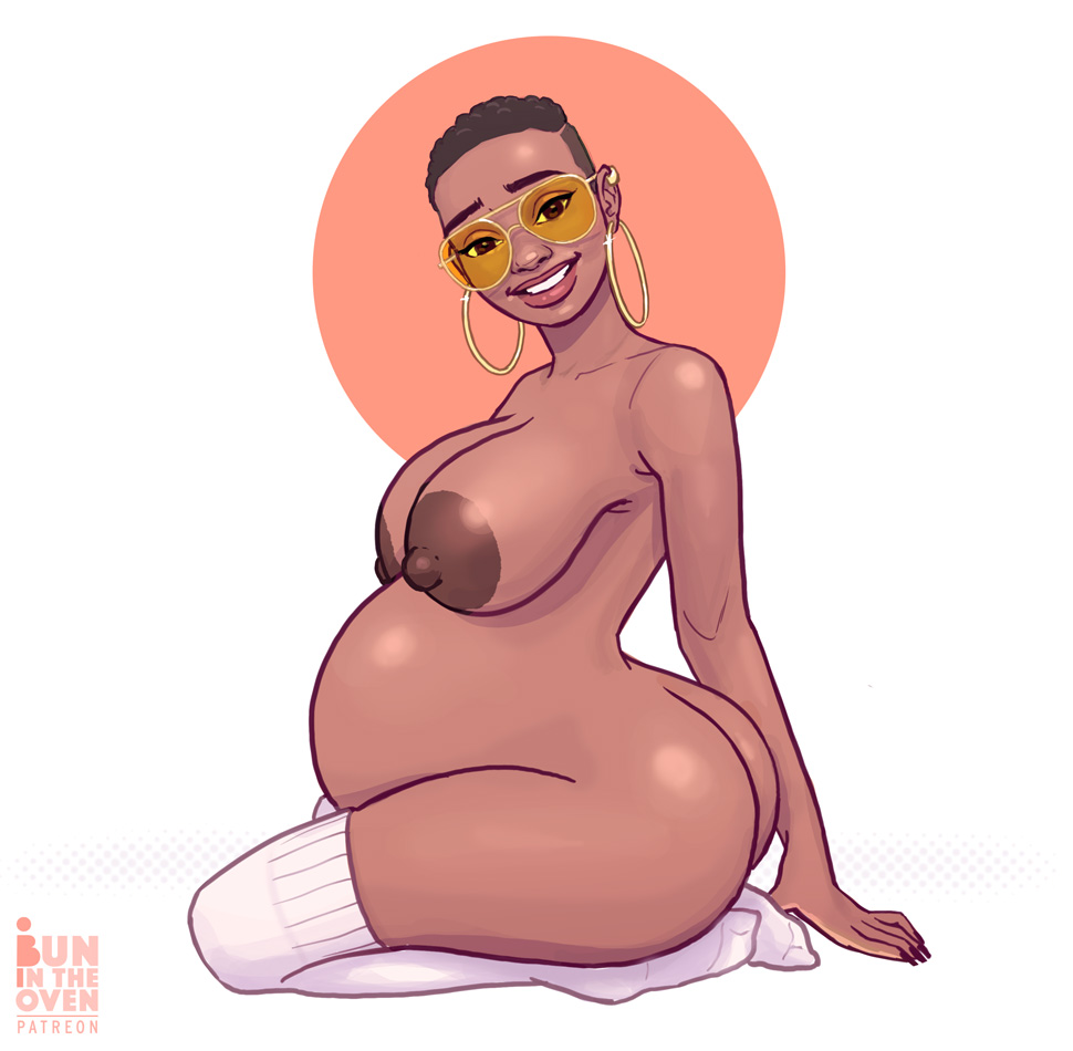 1girls ass belly big_ass big_belly big_breasts breasts bunintheoven dark-skinned_female dark_skin earrings female female_only orange-tinted_eyewear pregnant solo sunglasses tinted_eyewear