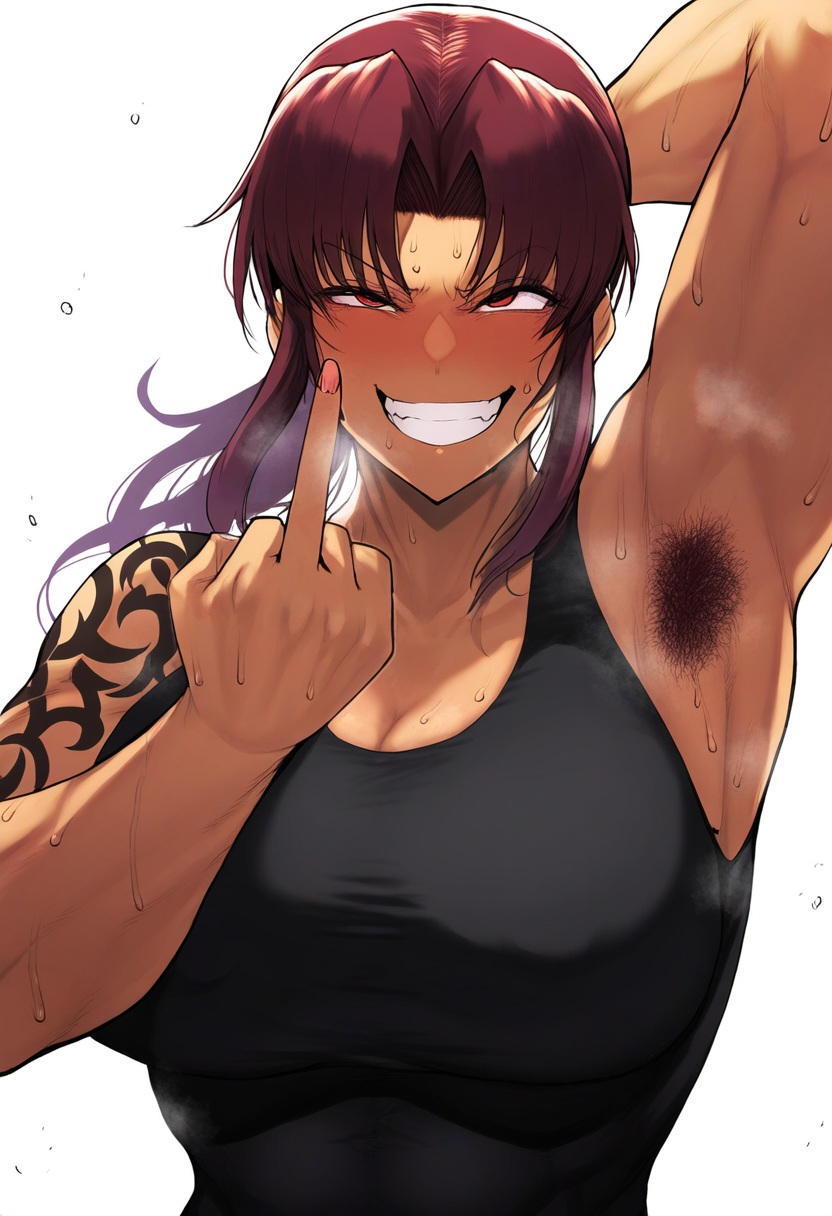 1girls ai_generated alternate_breast_size alternate_eye_color angry arm_behind_head armpit_fetish armpit_hair armpits bangs big_breasts black_lagoon blush breasts color colored eyebrows eyebrows_visible_through_hair female female_armpit_hair front_view gloopai grin hairy_armpits looking_at_viewer middle_finger muscular muscular_female musk nai_diffusion no_background ponytail portrait profanity red_eyes revy shirt smell smelly smelly_armpits solo solo_female solo_focus steam steaming_body sweat sweatdrop sweating tattoo white_background