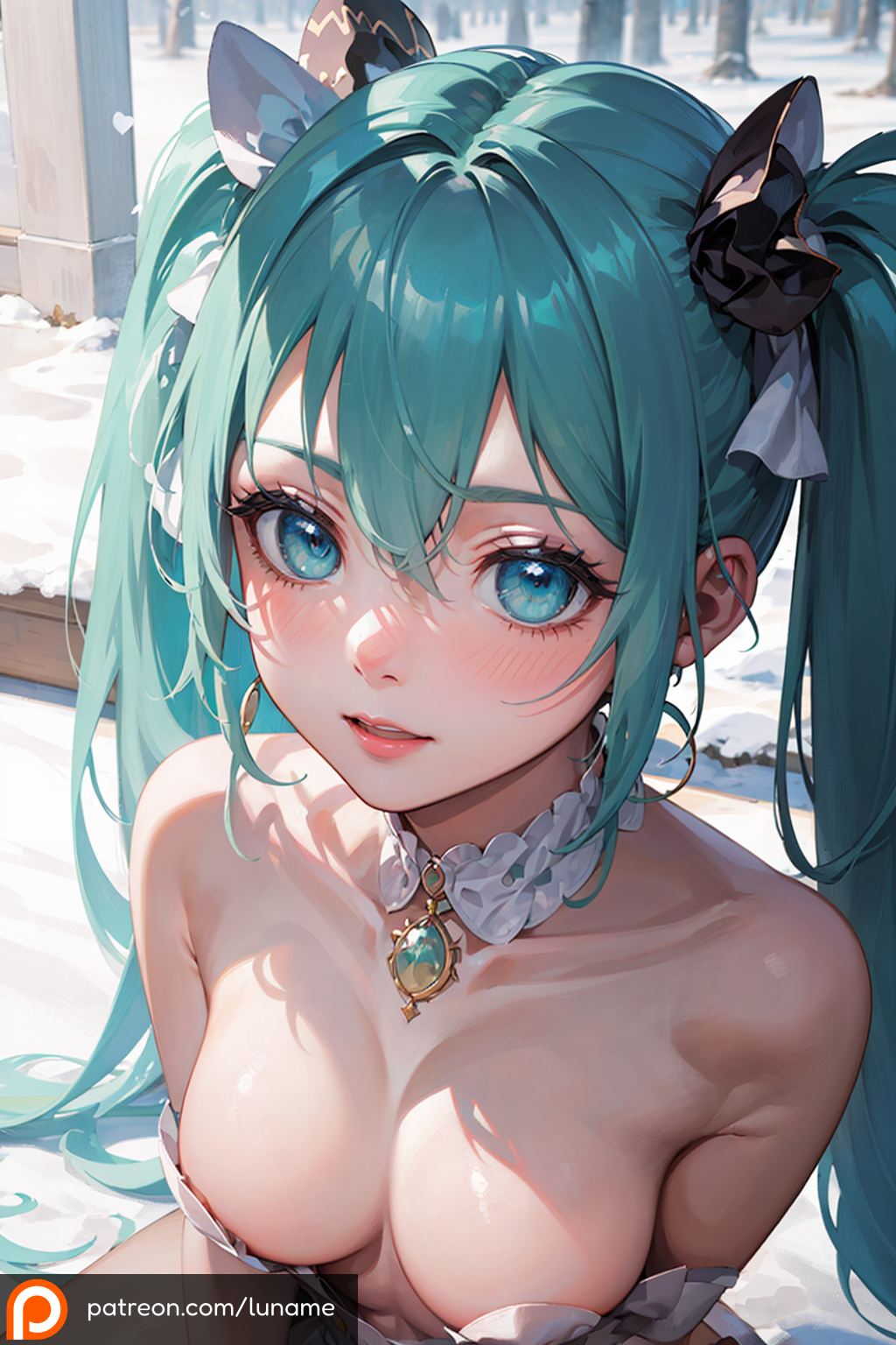 ai_generated blue_eyes blue_hair breasts female female female_only forest girl hair_ornament hatsune_miku long_hair luname necklace sitting snow snowy vocaloid