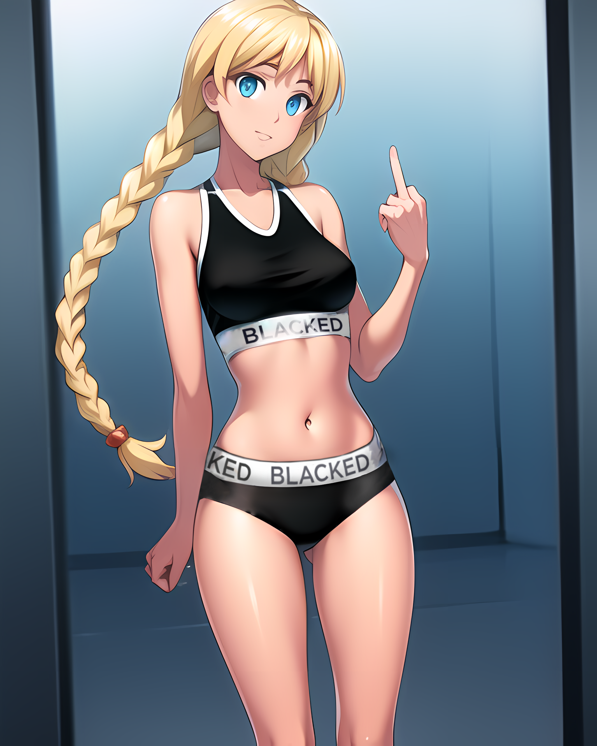 ai generated, blacked, blacked clothing, everlasting summer, female, flipping off, flipping the bird, flipping viewer off, looking at viewer, middle finger, slavya (everlasting summer), solo