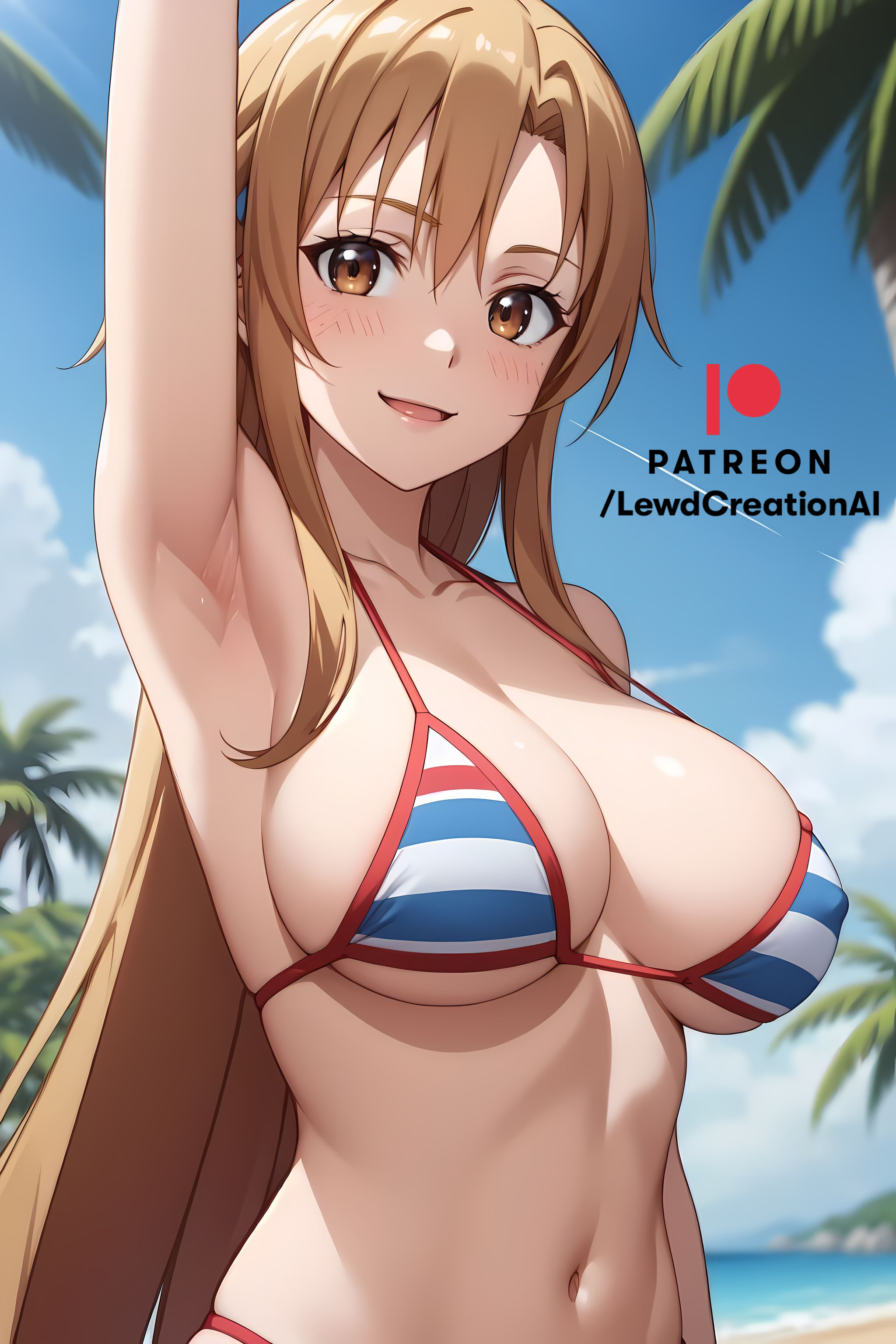 ai generated, armpit, armpit crease, armpit fetish, armpits, arms up, big breasts, bikini, blush, blush lines, breasts, brown hair, cleavage, covered nipples, curvy, curvy body, curvy female, curvy figure, female, large breasts, lewdcreationsai, looking at viewer, nipple bulge, nipples, orange hair, smile, smiling, smiling at viewer, stable diffusion, sword art online, yuuki asuna