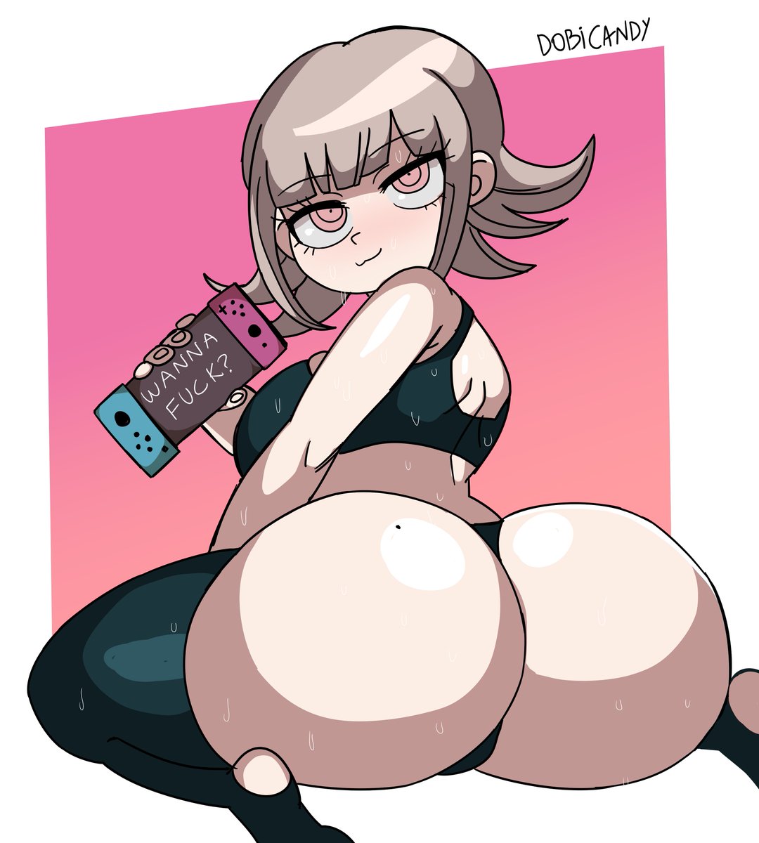 1girls beauty_mark big_ass bubble_butt danganronpa danganronpa_2:_goodbye_despair dobicandy looking_at_viewer mole nanami_chiaki nintendo_switch short_hair solo sweat