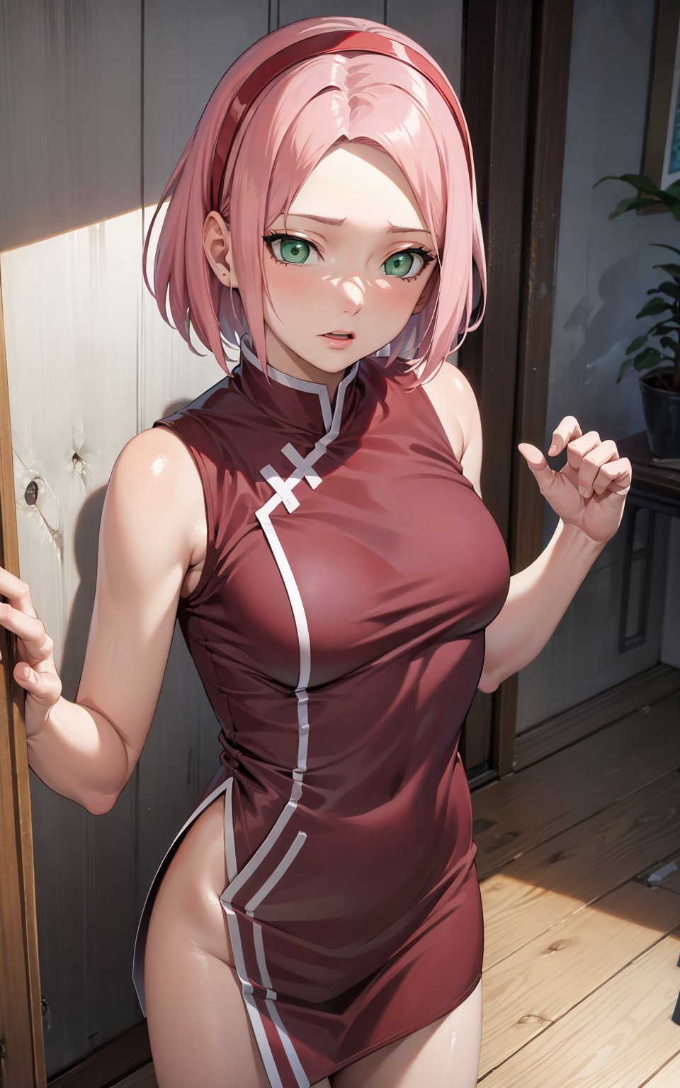 1girls ai_generated arm_support bare_legs bare_shoulders bare_thighs blush boruto:_naruto_next_generations bottomless bottomless_female breasts chinadress chinese_clothes clothing dress ero24365 female female_focus green_eyes hair_ornament hairband light-skinned_female light_skin long_hair mature mature_female milf mother nai_diffusion naruto naruto_(series) no_panties no_underwear partially_clothed petite pink_hair red_dress sakura_haruno stable_diffusion thighs