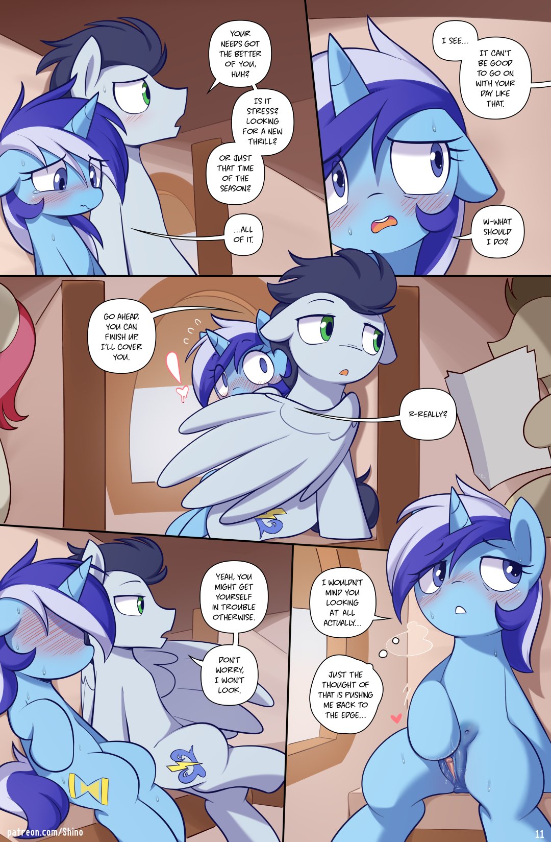 2023 anus blue_body blue_eyes blue_fur blue_hair blush blush_lines bodily_fluids comic covering doctor_whooves_(mlp) embarrassed english_text equid equine floppy_ears friendship_is_magic fur genitals green_eyes hair hasbro hi_res horn mammal masturbation minuette_(mlp) my_little_pony page_11 page_number pegasus pussy rose_(mlp) shinodage soarin_(mlp) spread_wings sweat sweatdrop text unicorn url wings wonderbolts_(mlp)