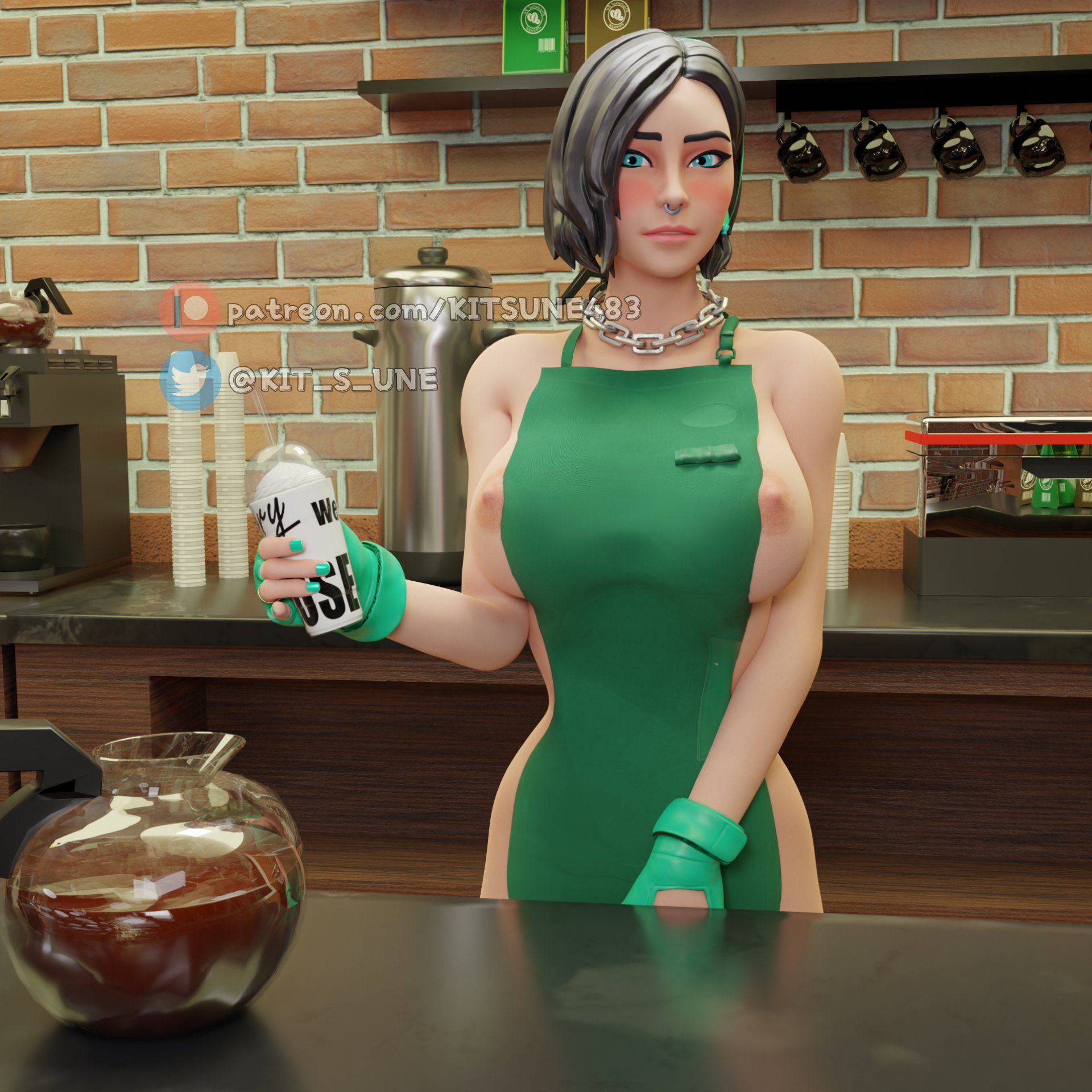 1girls, 2023, 3d, 3d (artwork), big breasts, blue eyes, boobs, breasts, chain necklace, coffee, female, female focus, female only, fortnite, gloves, huge breasts, iced latte with breast milk, kit s une, naked, necklace, nipples, nose piercing, nose ring, nude, rox (fortnite), solo, solo female, tagme, tits