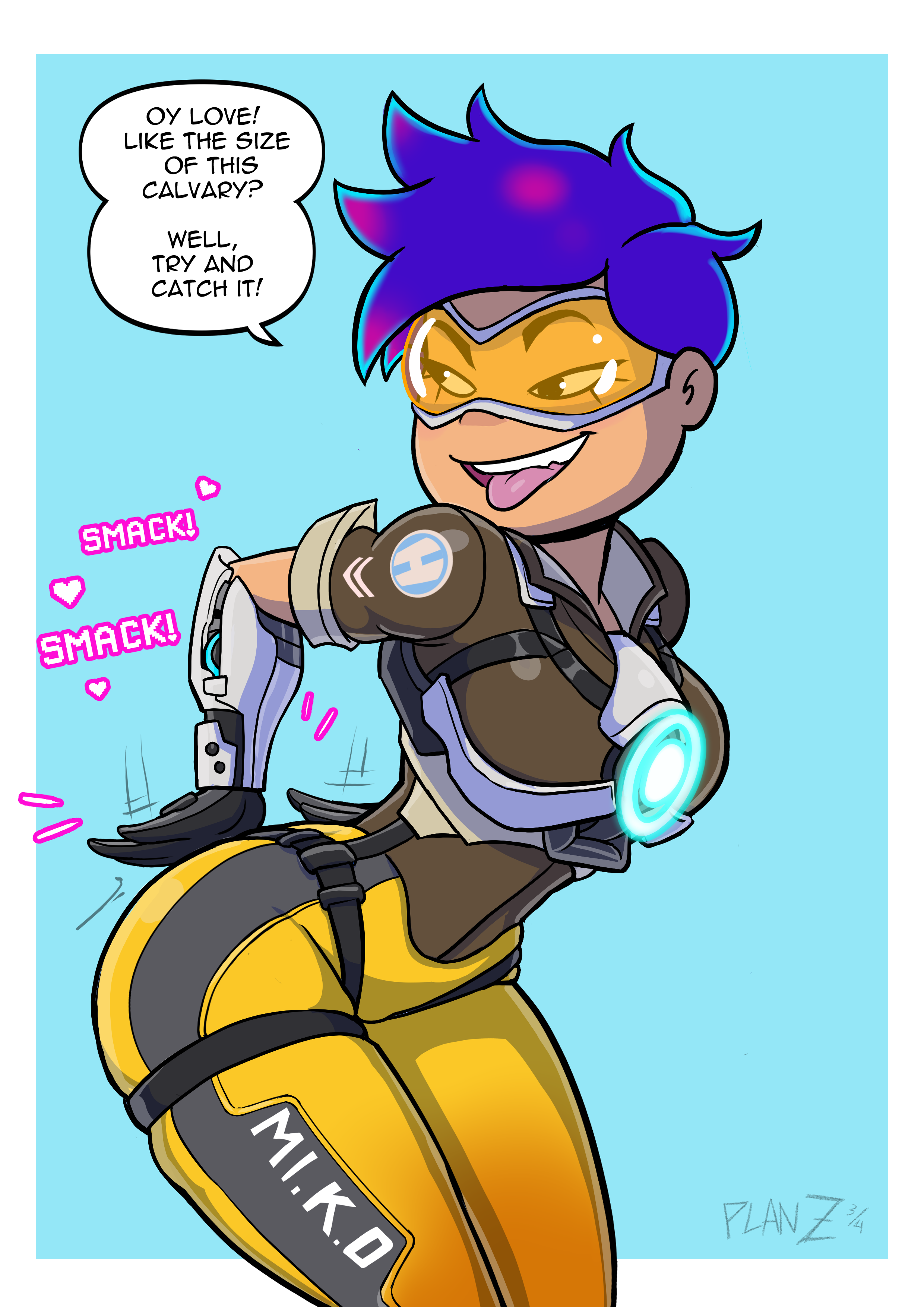1girls, 2023, 2023s, artist name, artist signature, ass, big ass, big butt, blizzard entertainment, blue background, breasts, clothed, clothing, cosplay, crossover cosplay, dialogue, english dialogue, english text, female, female focus, female only, glitch techs, hair, heart, heart symbol, looking back, miko kubota, orange-tinted eyewear, overwatch, overwatch 2, planz34, purple hair, short hair, simple background, slapping ass, slapping butt, slapping own ass, slapping own butt, smack, smacking ass, smacking butt, smacking own ass, smacking own butt, solo, solo female, solo focus, speech bubble, teeth, text, thick thighs, thighs, tinted eyewear, tongue, tongue out, tracer (cosplay), upper teeth, visor, wide hips