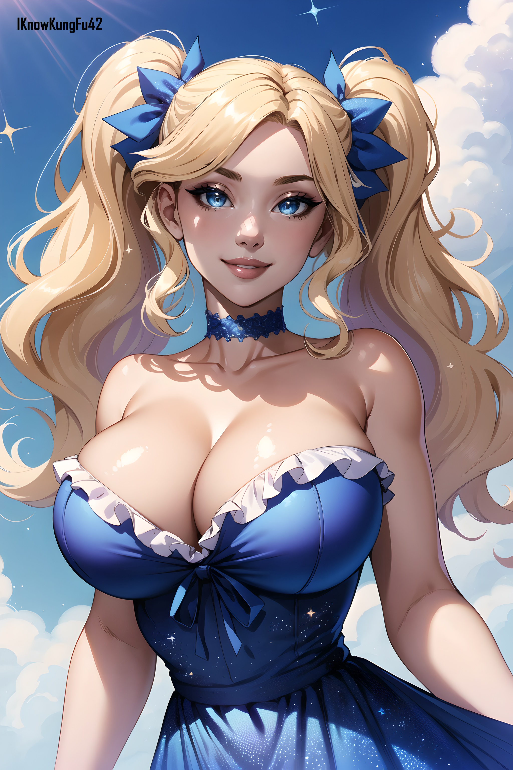1girls, ai generated, artist name, big breasts, big lips, blonde hair, blue clothing, blue dress, blue eyes, breasts, busty, choker, cleavage, clothed, clothing, detailed background, dress, eyelashes, female, female human, female only, hair ornament, hi res, high resolution, highres, hourglass figure, human, iknowkungfu42, large breasts, light skin, light-skinned female, lips, long hair, looking at viewer, original, original character, parted lips, red lips, red lipstick, sky, smile, solo, sunlight, thick lips, twintails, wavy hair