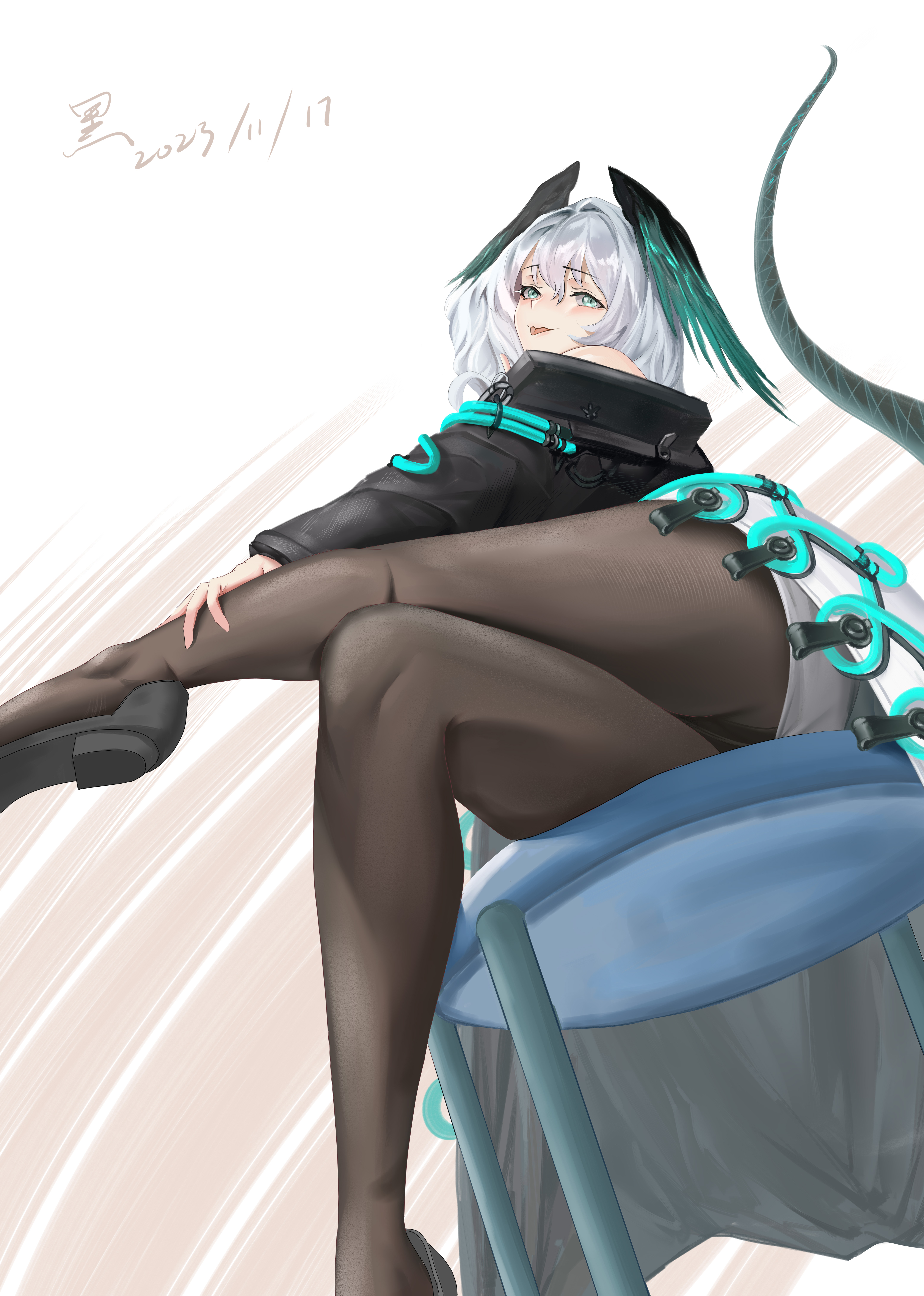 1girls, 2023, arknights, artist request, ass, ass focus, feathers, female, hi res, ho'olheyak (arknights), legs, light skin, light-skinned female, looking at viewer, pantyhose, posing, posing for the viewer, seductive, seductive look, seductive smile, short hair, showing off, simple background, sitting, smile, snake girl, solo, tail, white hair