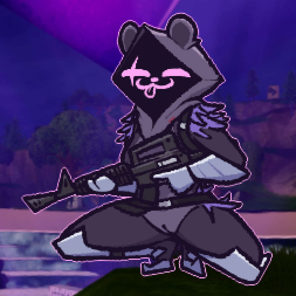 anthro bear breasts clothed clothing crouching digital_media_(artwork) epic_games eye_scar facial_scar female fortnite fur genitals gun holding_gun holding_object holding_weapon looking_at_viewer mammal nude outside purple_body pussy ranged_weapon raven_team_leader scar screen screen_face smile smug solo tongue weapon wendigoop