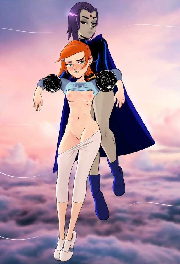 2girls 3d aged_up ben_10 blush breasts carrying crossover dc female female_only gwen_tennyson light-skinned_female orange_hair porongoneitor purple_hair raven_(dc) short_hair small_breasts teen_titans